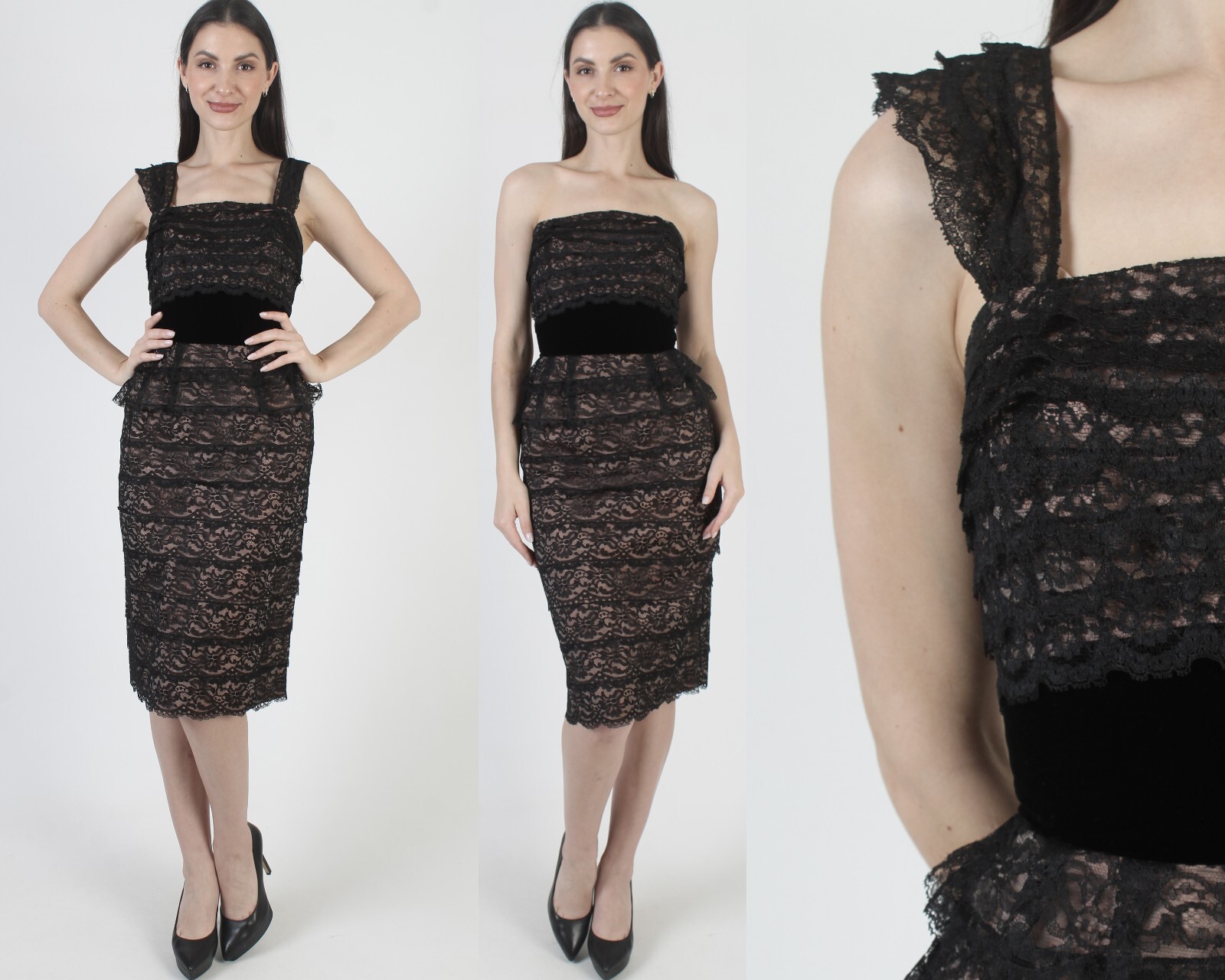 Vintage 50s Black Lace Illusion Dress Pin Up Convertible Slim Mid Century Pencil