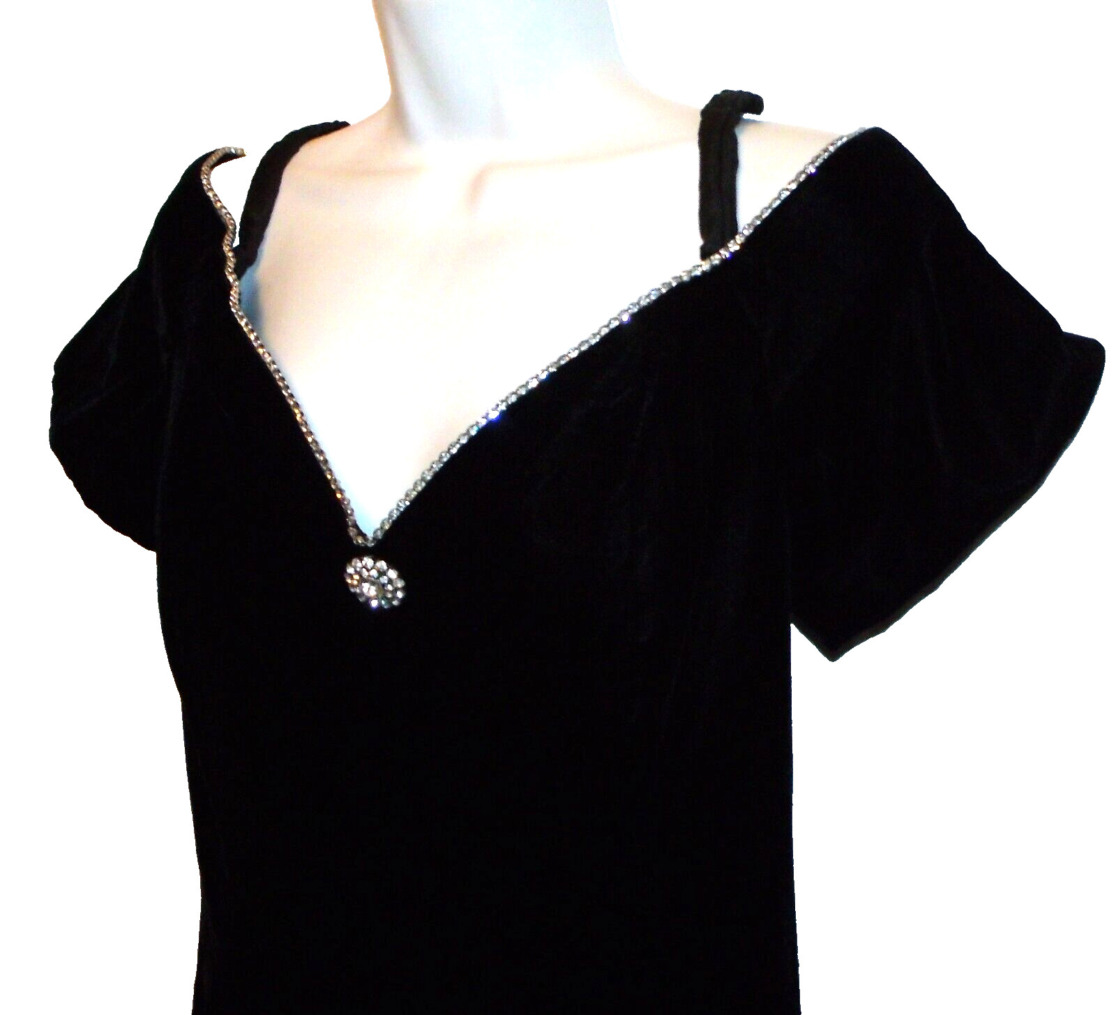 Vtg 80s SPEED FASHiON long black velvet dress prom cocktail slit rhinestone 11