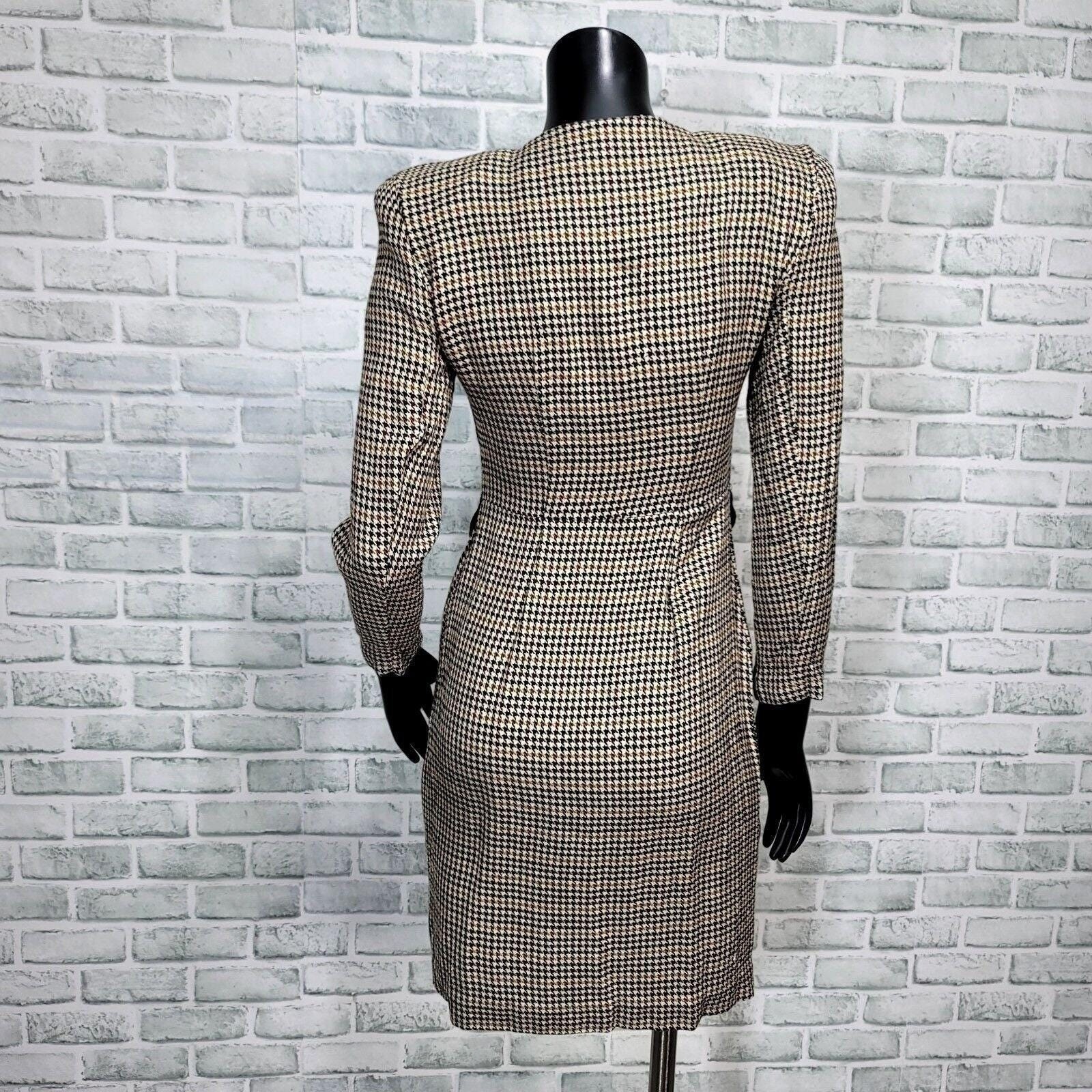 Vintage 80s Cynthia Howie Petite 4 Houndstooth Dress USA Velvet Trim Academia