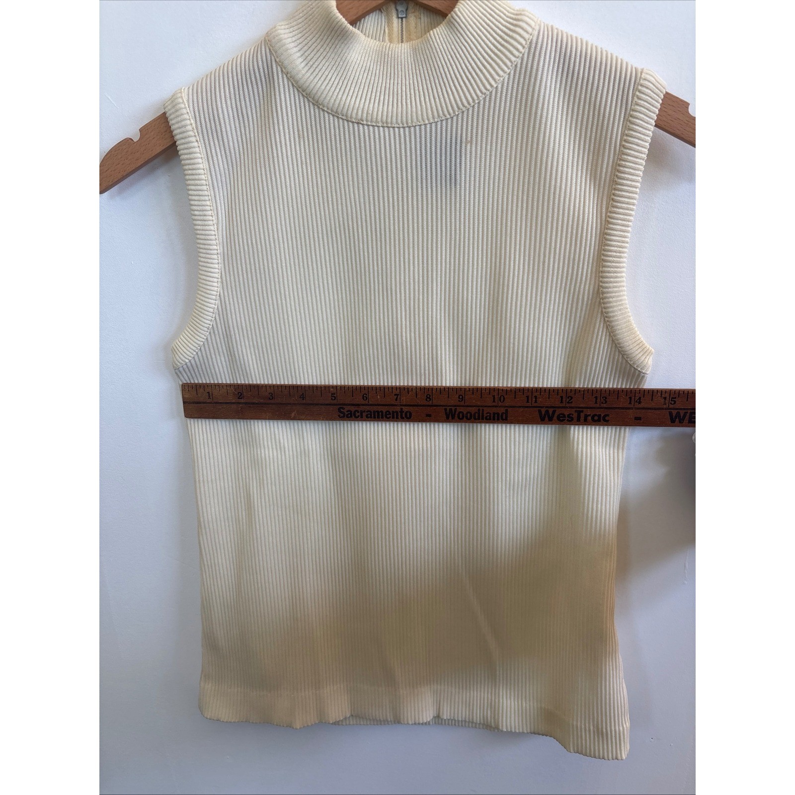Vintage Stage 7 Ivory Ribbed Mock Neck Sleeveless Knit Top Zip Back Cream Sz 8