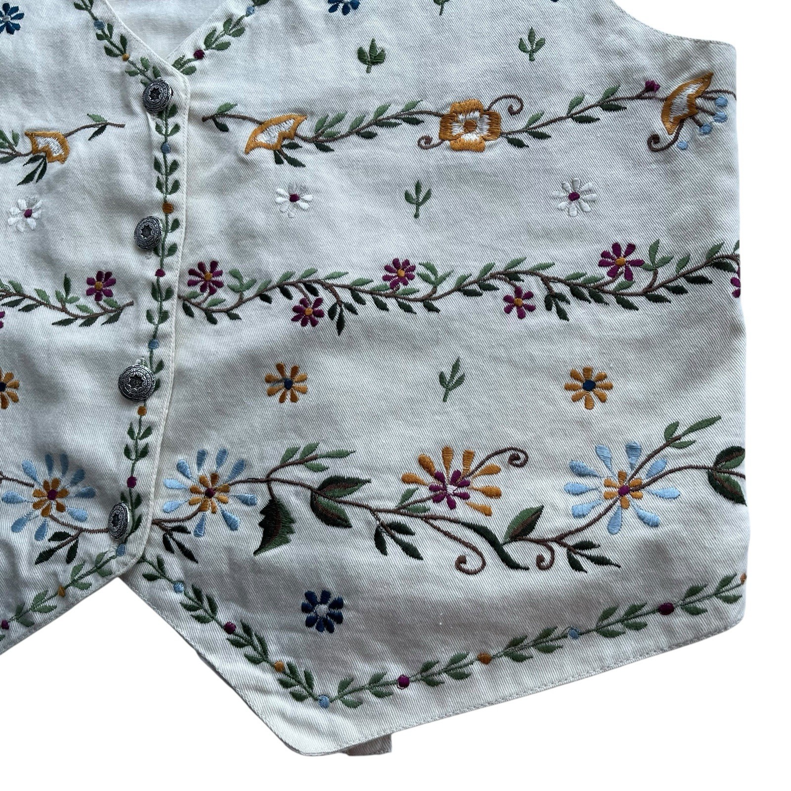 Vintage Nordic Folk Embroidered Cotton Vest Scandinavian Cottagecore Boho Size M