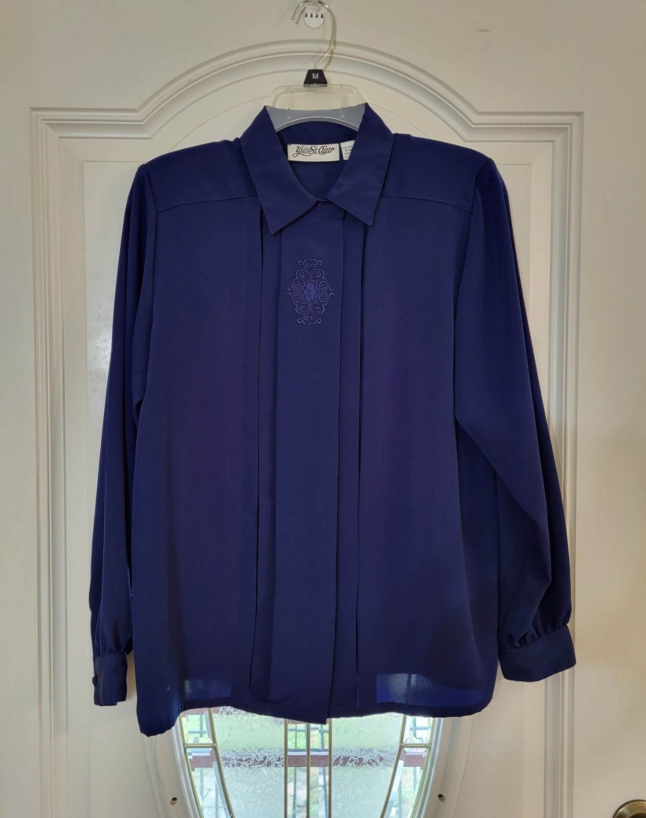 Vintage 80s YVES ST CLAIR Navy Blue Top 8 Button Up Embroidered Secretary Blouse