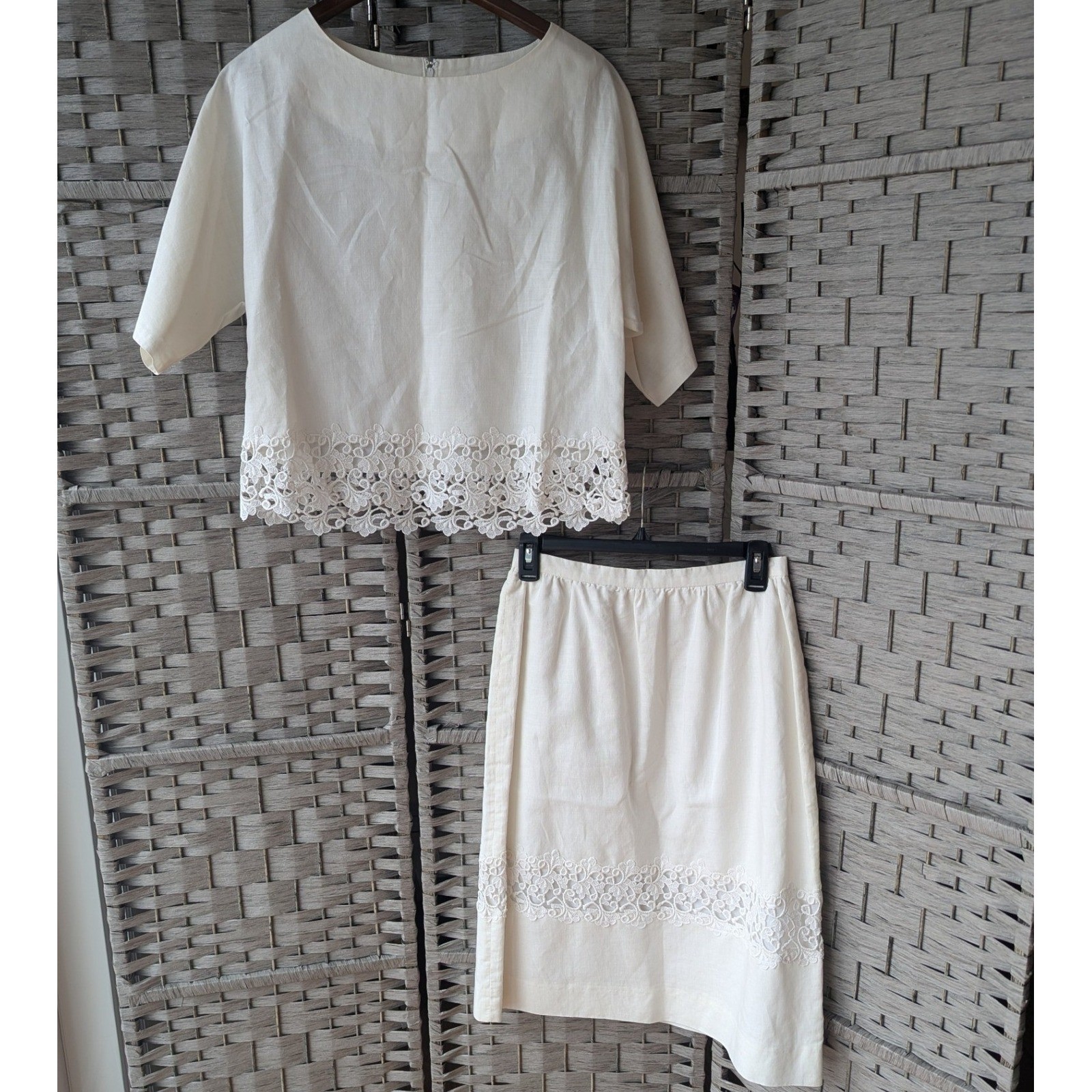 Vtg Cream White Lace Two Piece Twin Set Top Midi Skirt Bridal Fits Modern Sz S