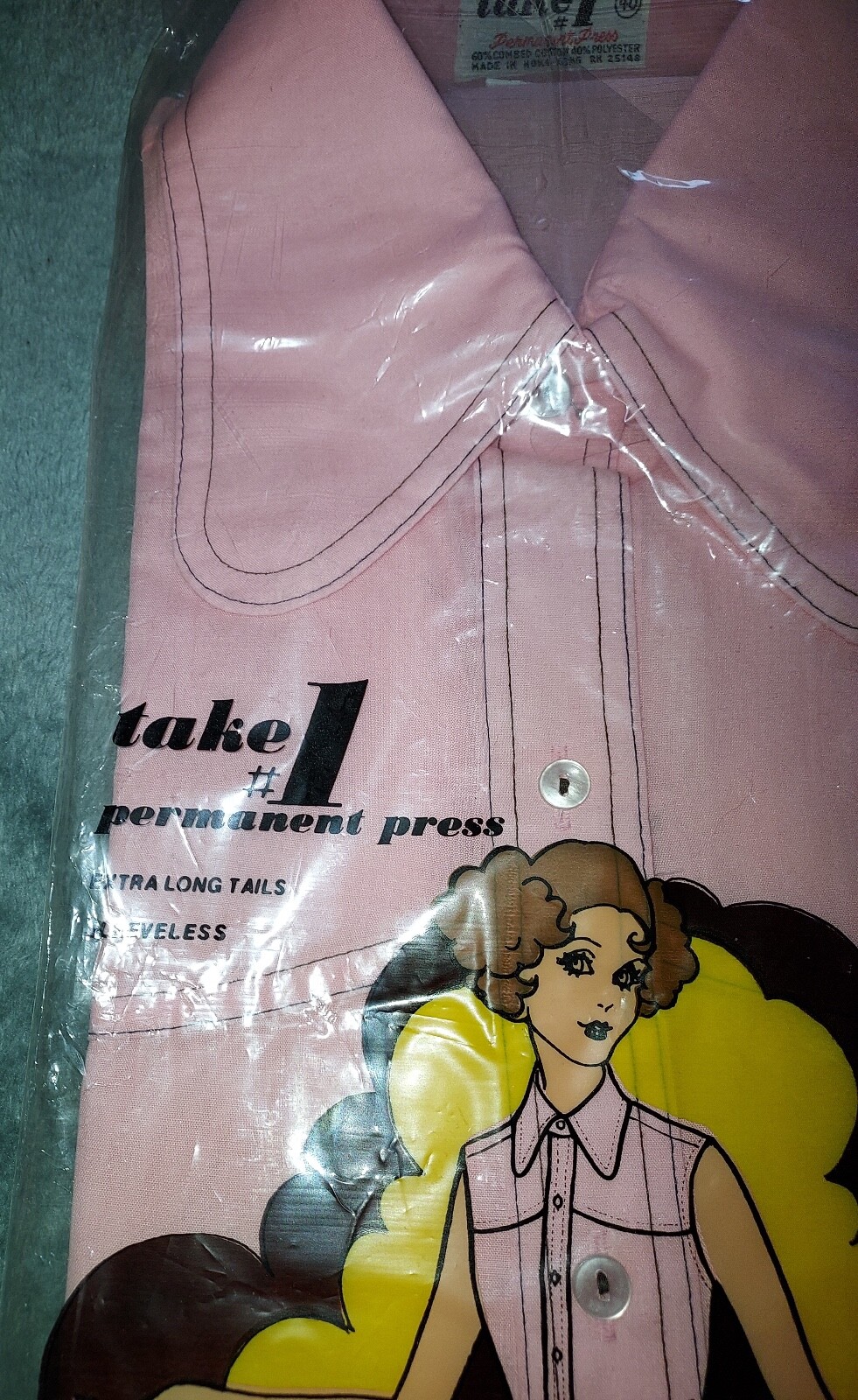 VTG 70s TAKE 1 PINK SLEEVELESS EXTRA LONG TAILS BUTTON COLLAR SHIRT SZ 40 BLOUSE