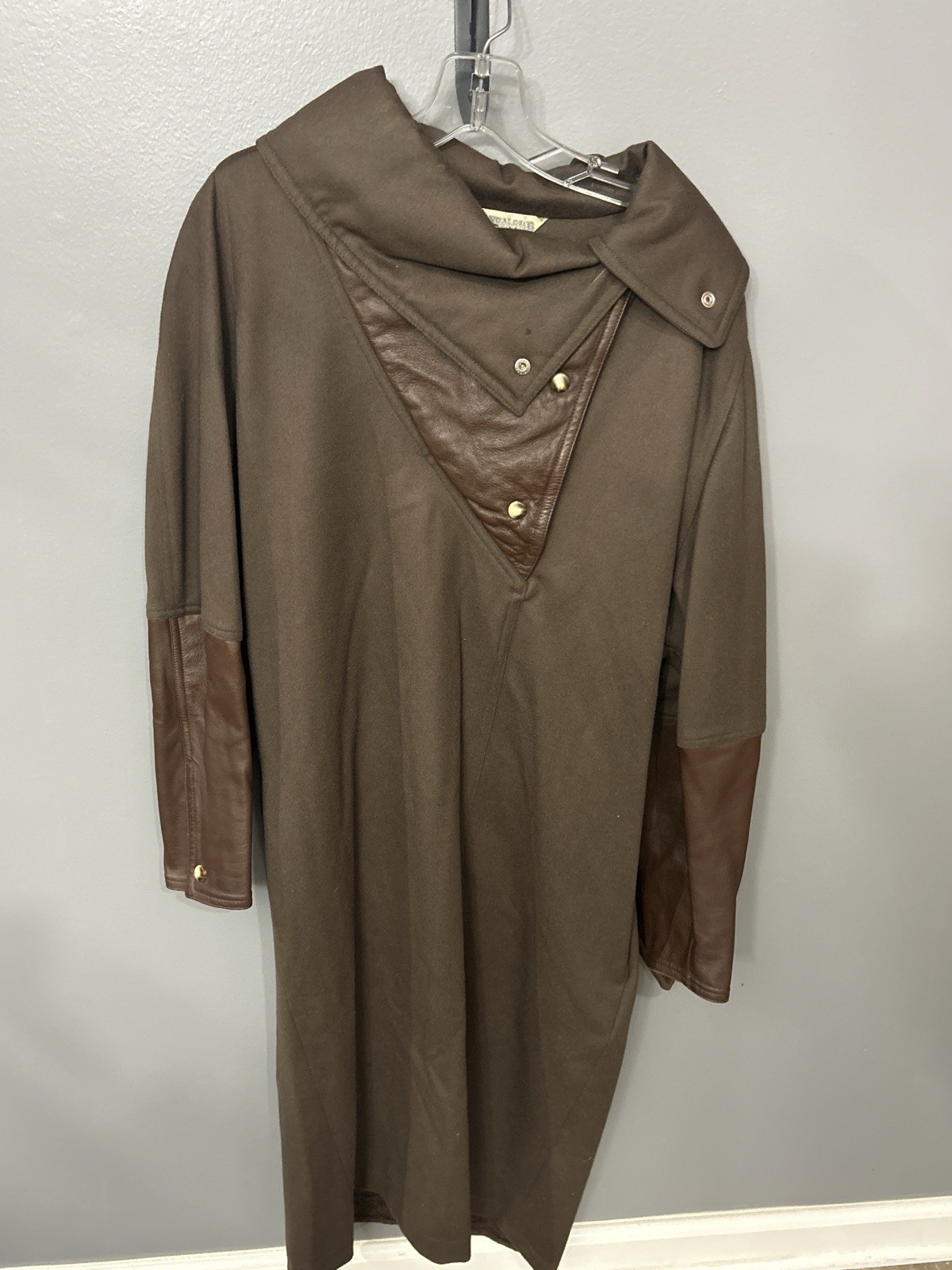 Vintage Pancaldi & B 100% Wool Coat Italy Brown Leather Trim Asymmetrical Collar