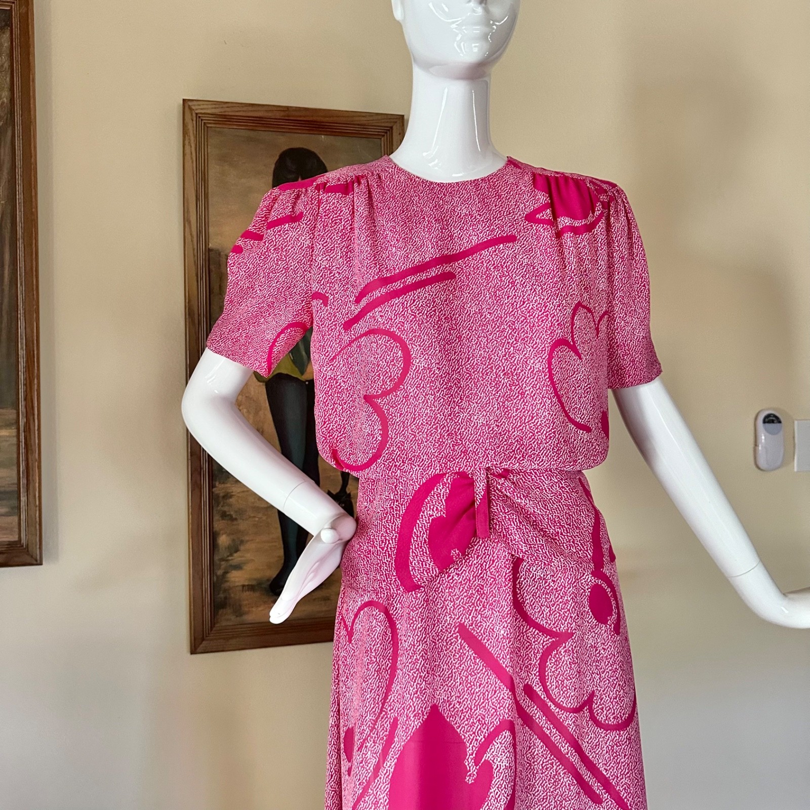 Vintage 1980s New Wave Cartoon Hearts Blouson Peplum Short Sleeve Day Dress M