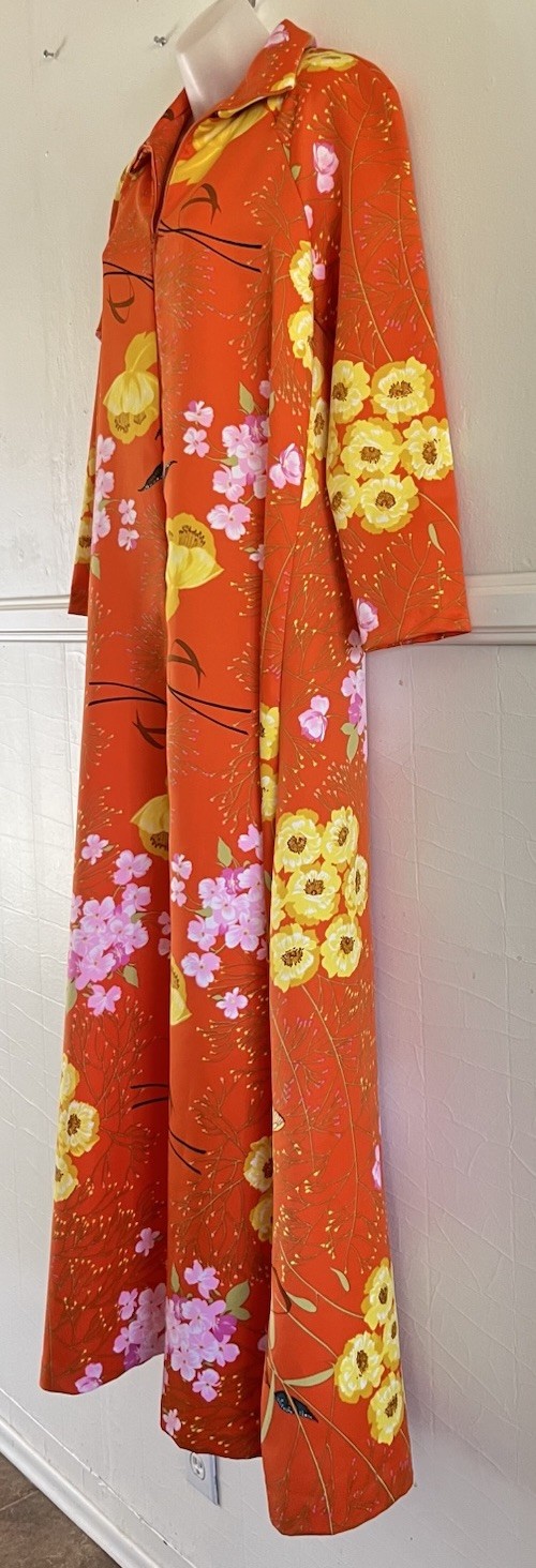 Vtg 1970s Montgomery Ward Hawaiian Orange Floral Maxi Mumu Kaftan Hostess Dress