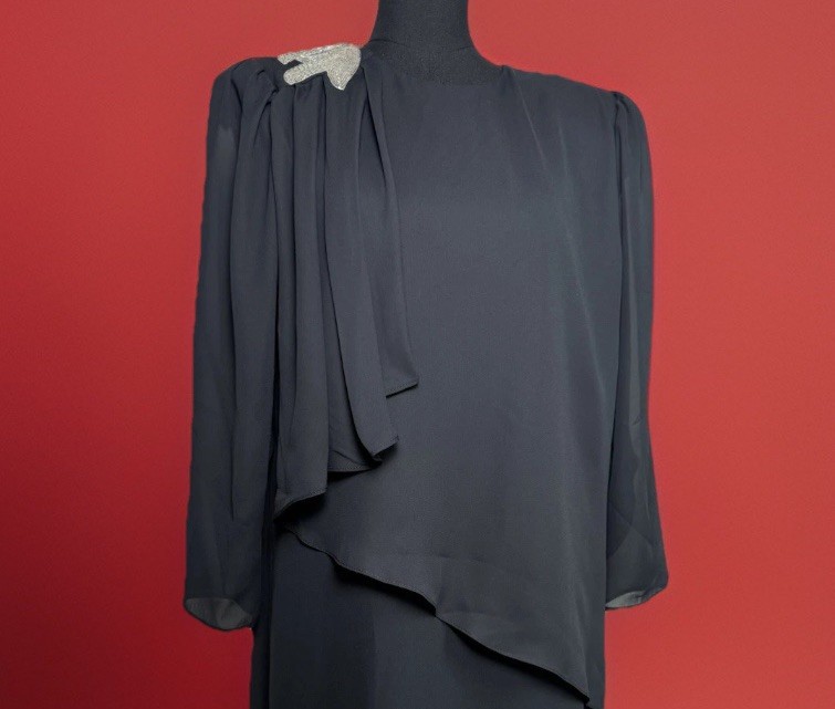 Vintage 1980s Beaded Shoulder Power Dress | Black Draped | Cocktail Office Siren