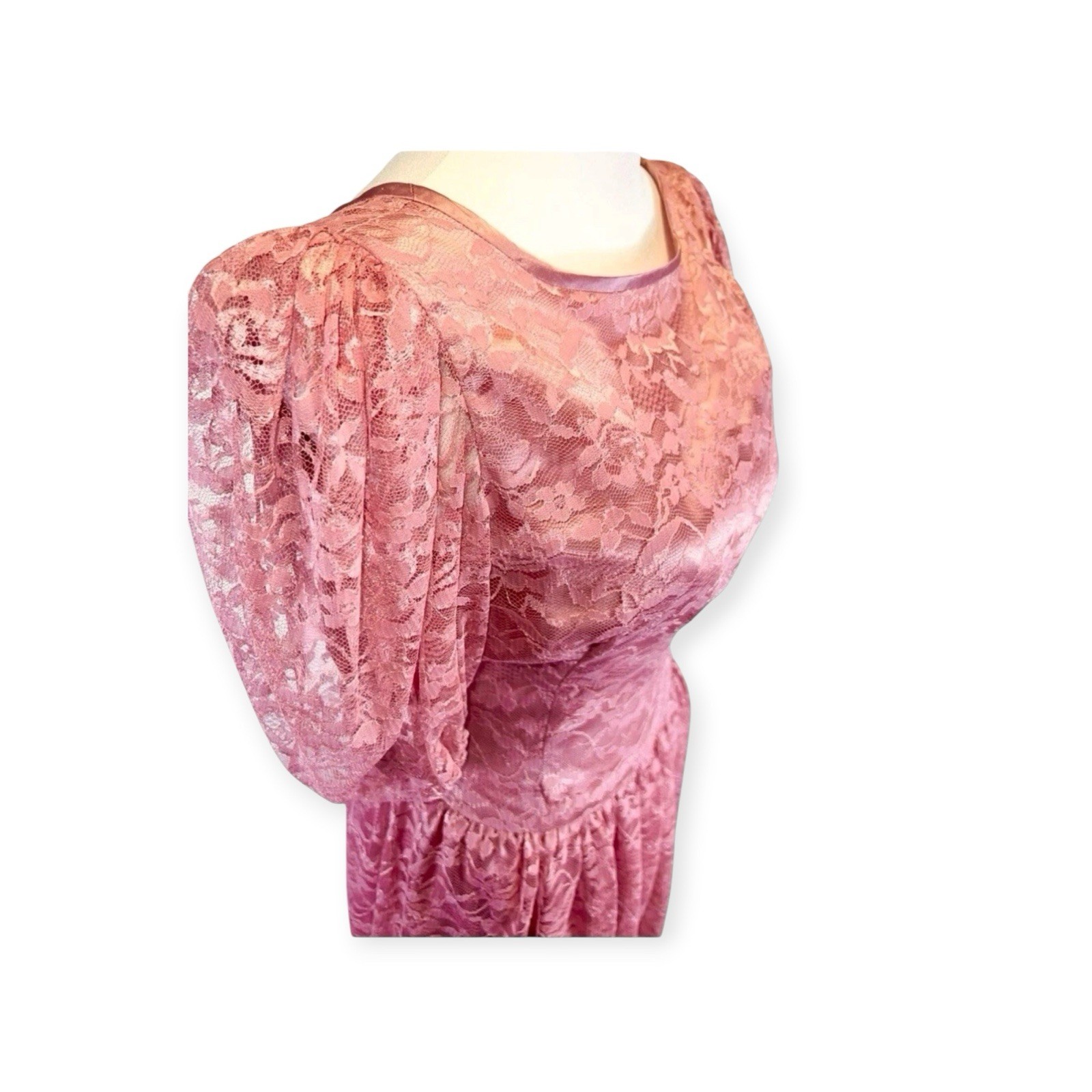 VINTAGE 1980s PRETTY PINK LACE NEW WAVE PUFF SLEEVE PROM PARTY DRESS VICTORIAN