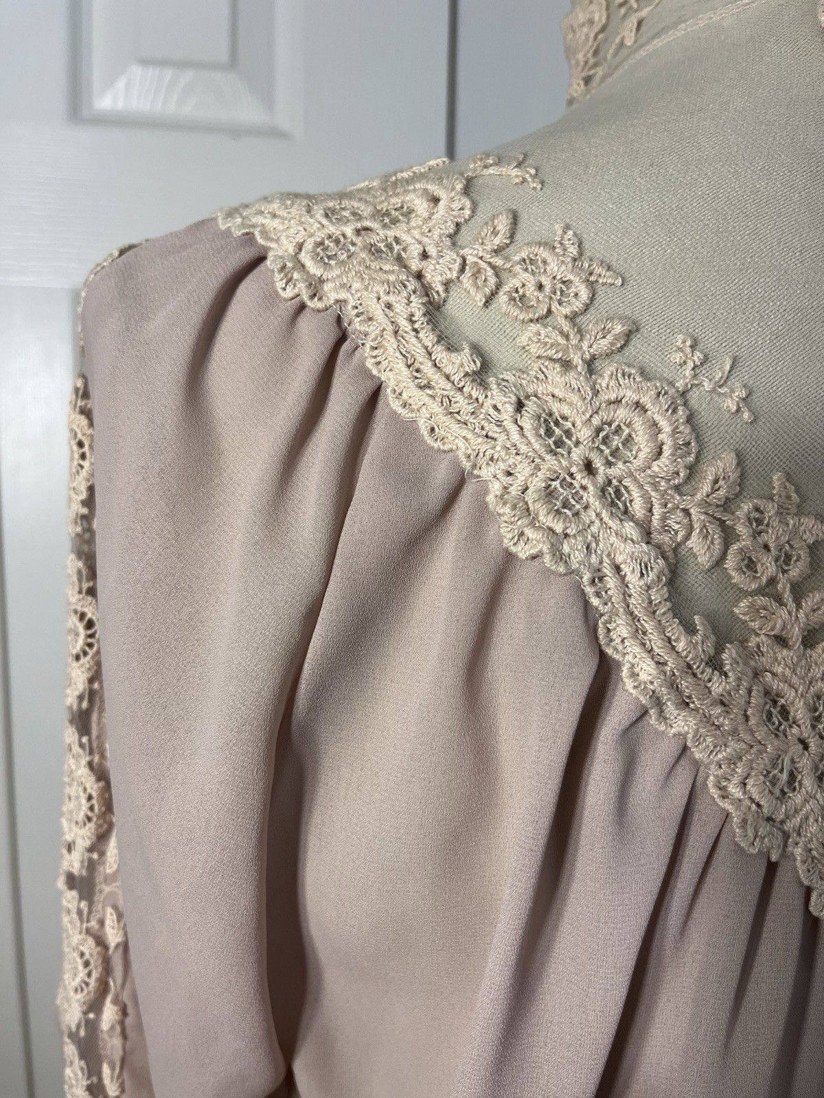 Victorian Chiffon Net Lace Blouse Sand Beige High Neck S/M