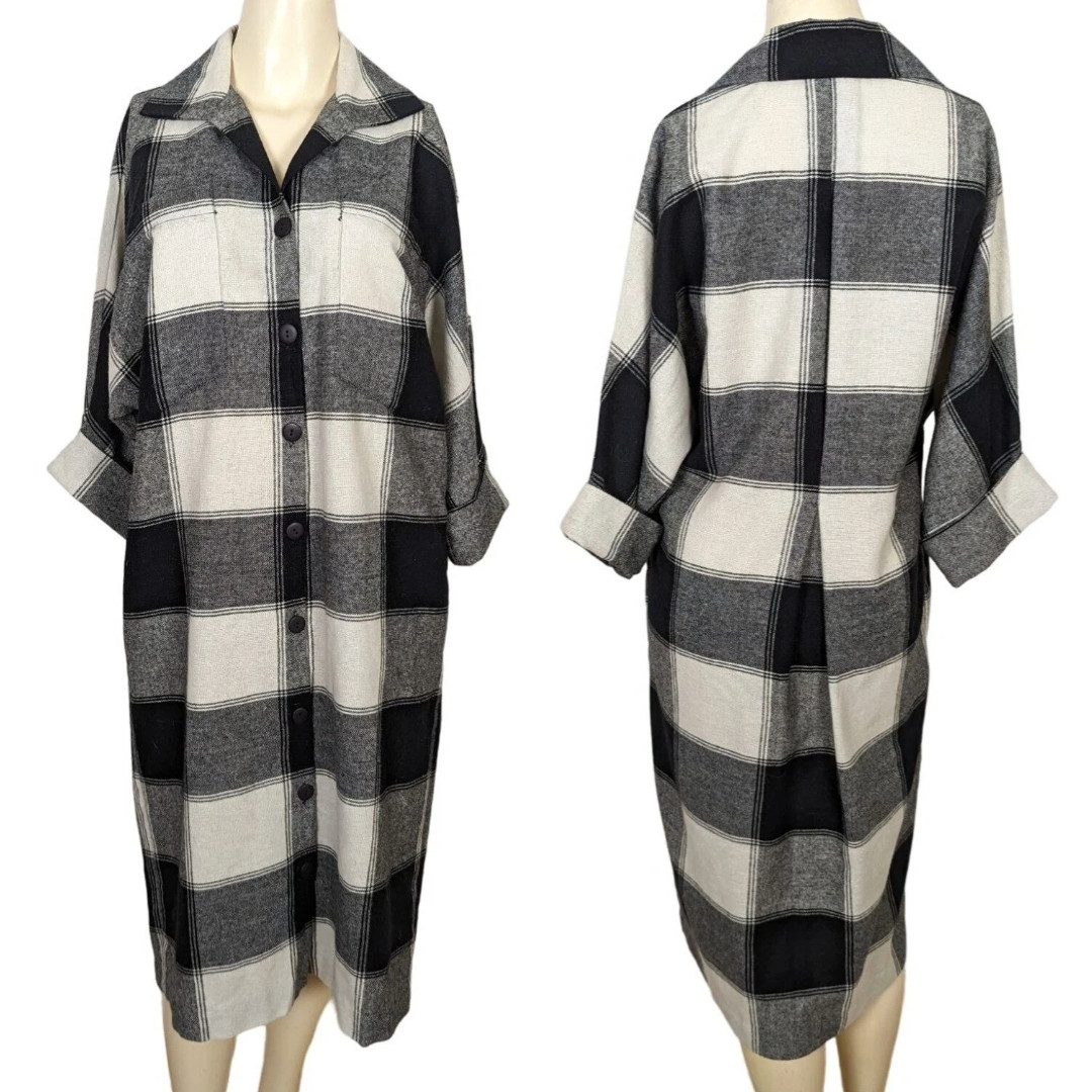 Vintage HIRSHIES black white plaid 3/4″ sleeve shirt dress minimalist Size 11-12