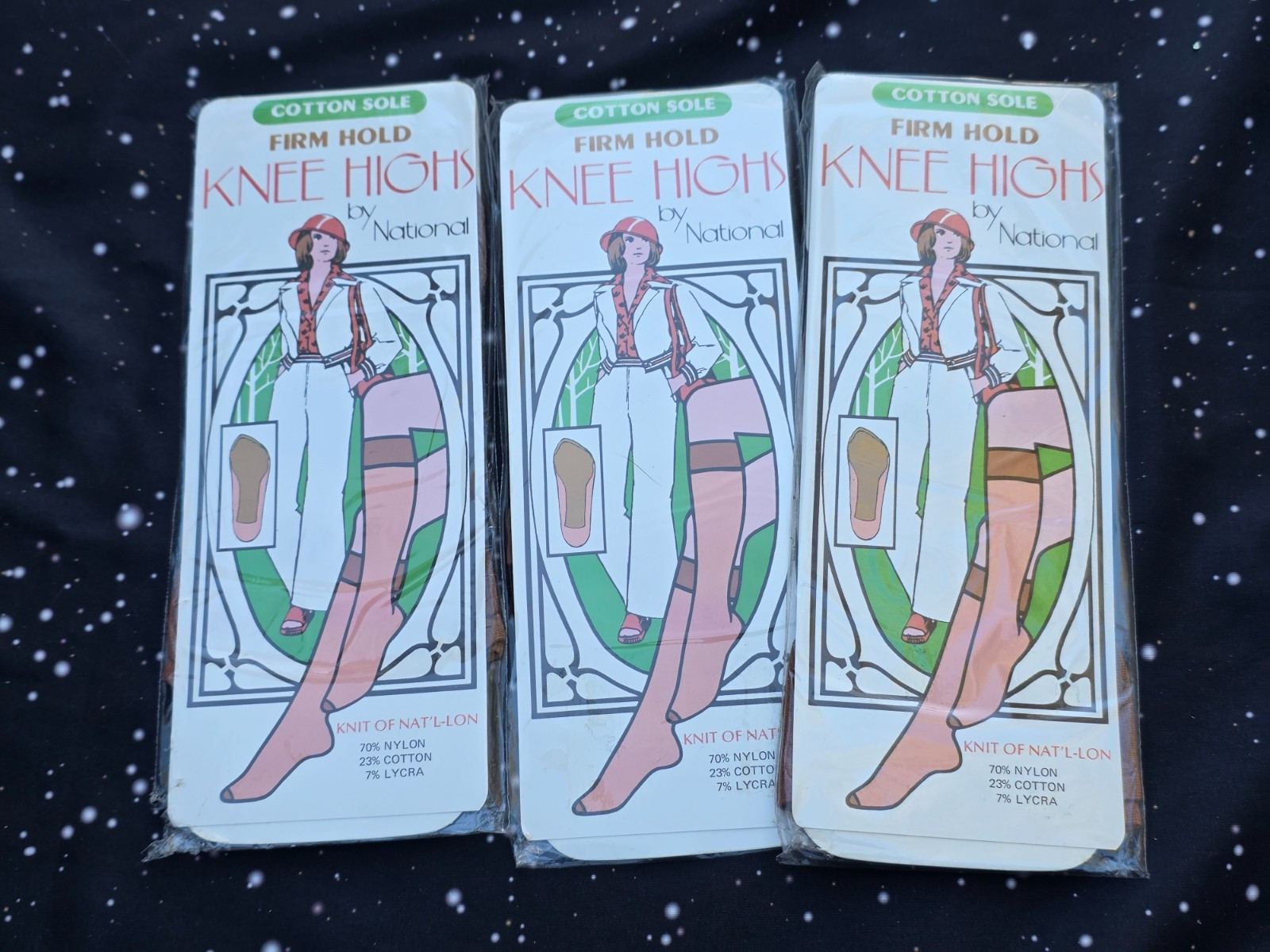 3 Vintage Beige/Tan Knee Highs by National COTTON SOLE FIRM HOLD Sealed NOS USA