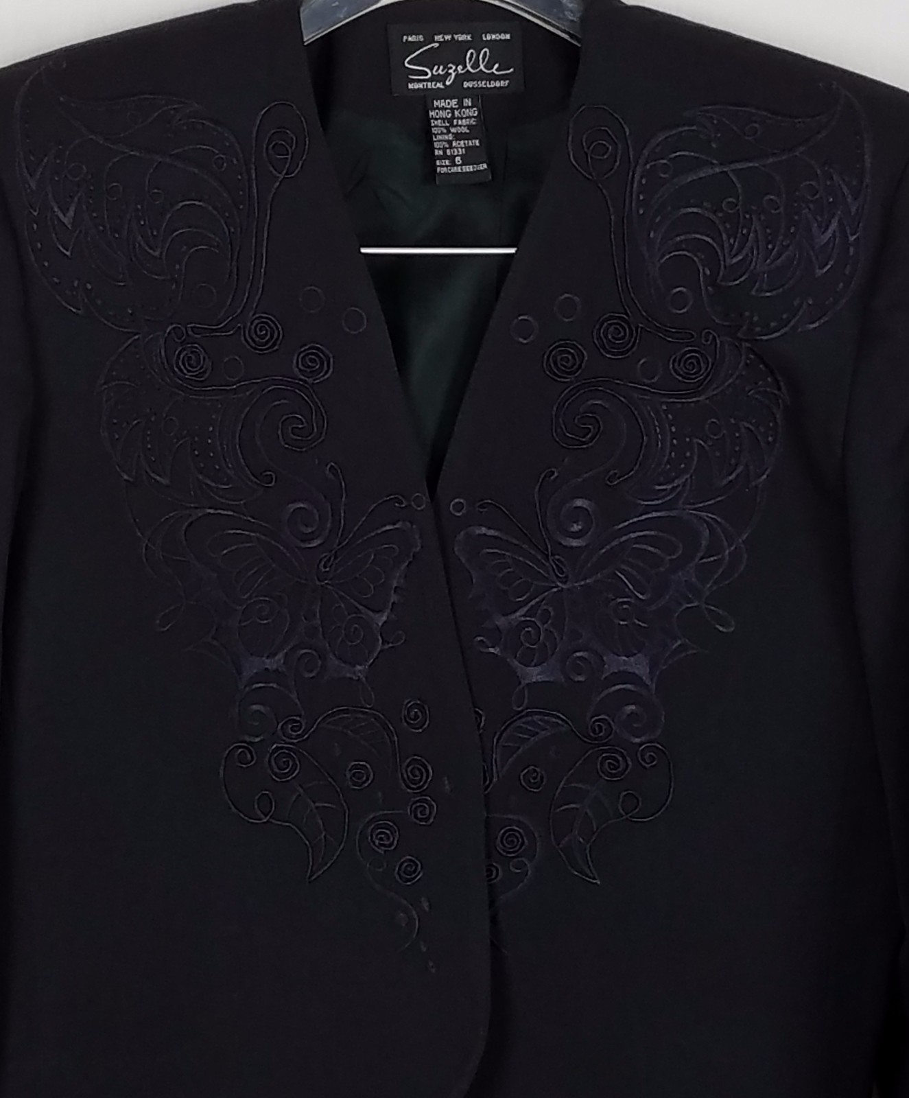 SUZELLE black vintage Jacket Embroidered Butterflies and Leaves size 6
