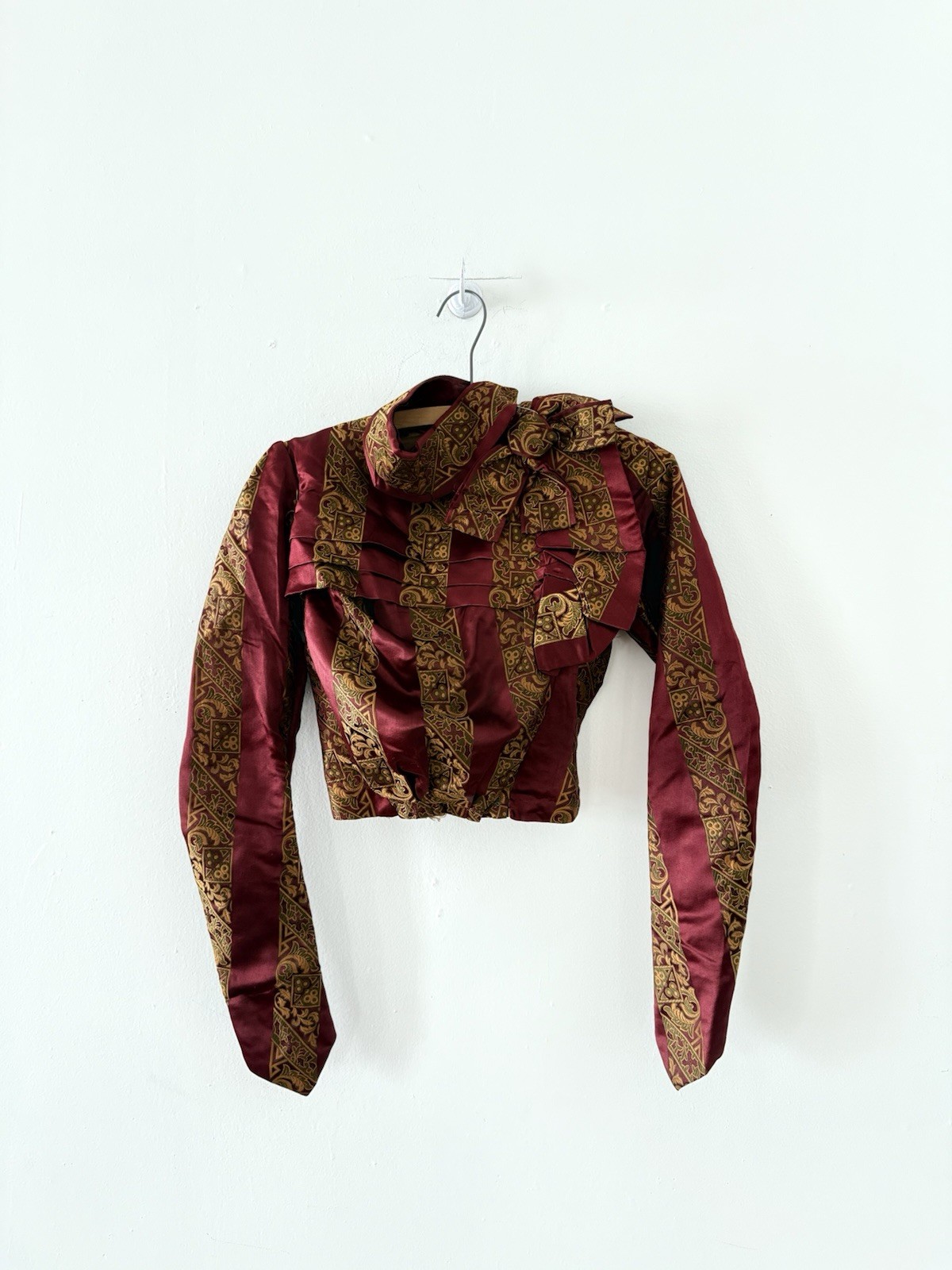 Antique Victorian Brocade Silk Satin Bodice Jewel Toned Boning 1800s XXS/XS