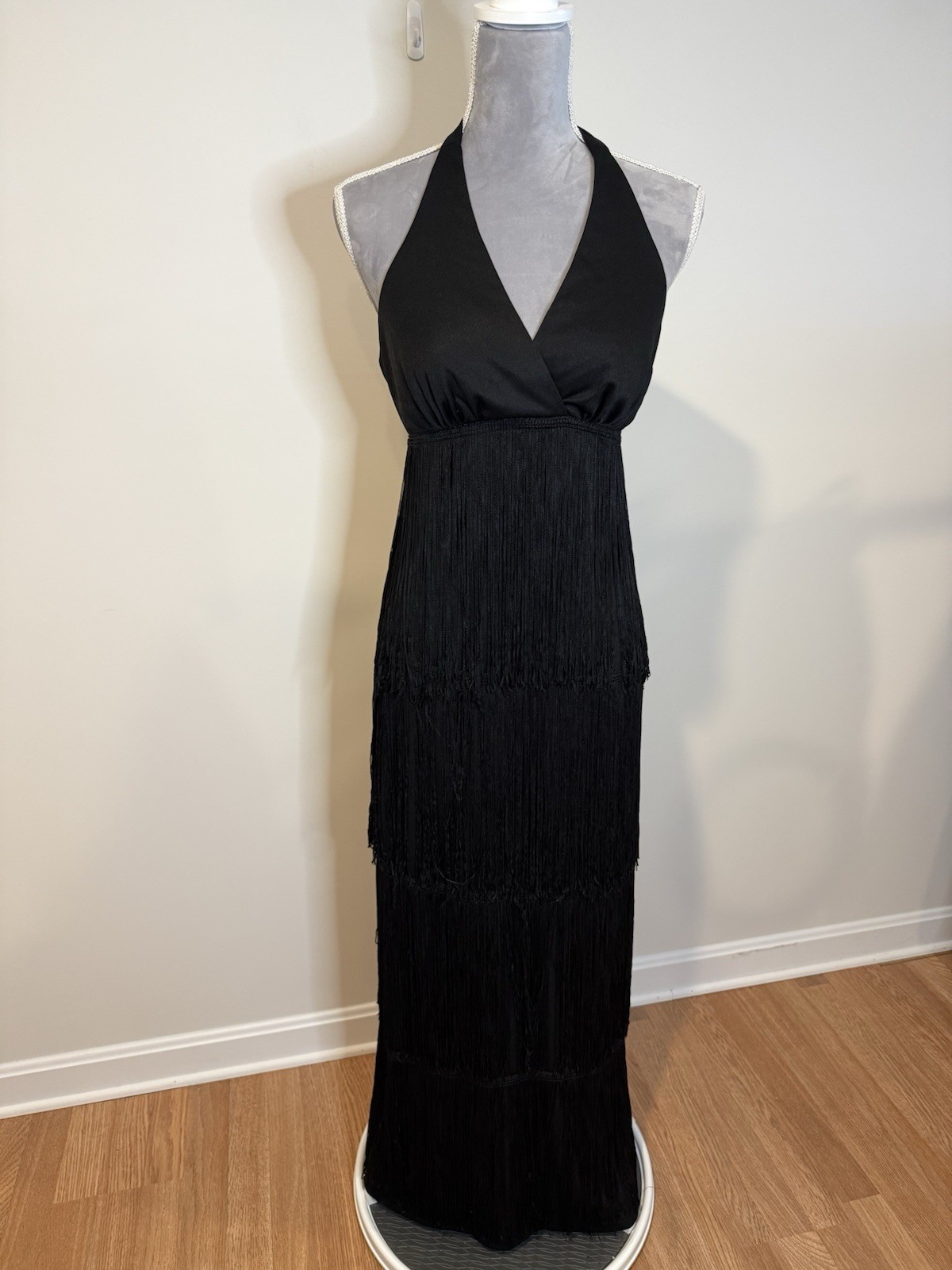 Vintage 70s Women’s Jack Hartley Black Flapper Halter Fringe Maxi Dress Size SM