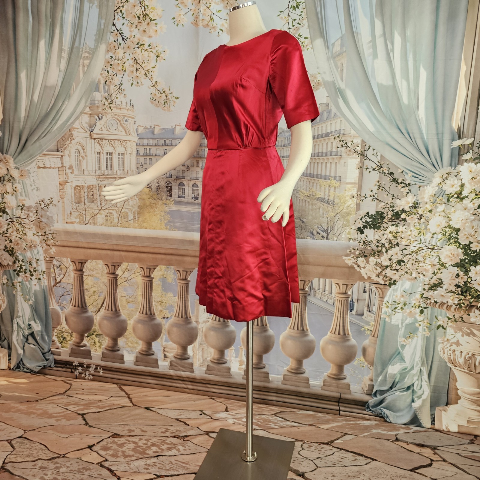 Vintage 1950s Dress Cherry Red Liquid Satin Half Sleeve Pinup Rockabilly