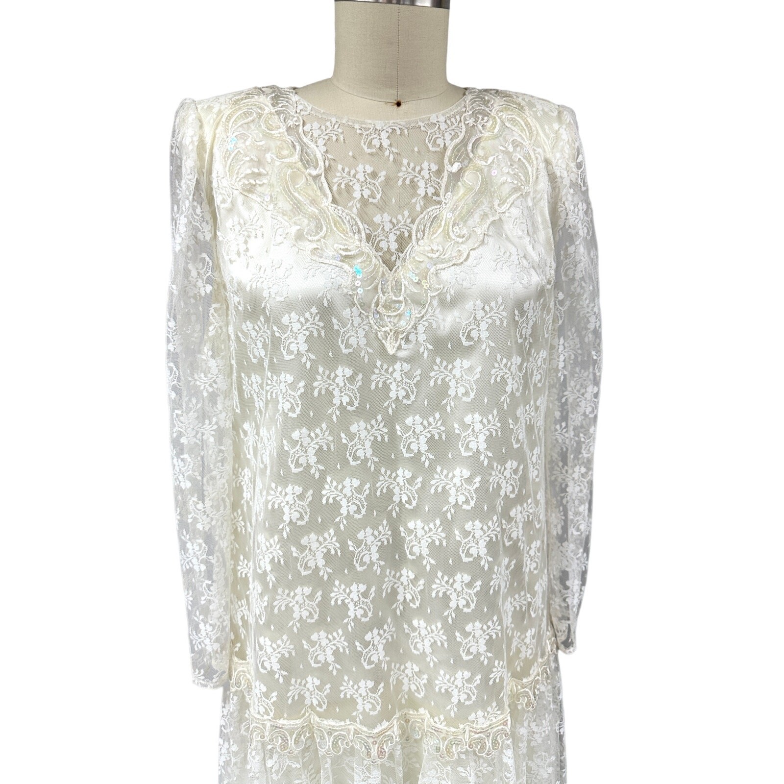 1980s Vintage Scott McClintock Ivory Lace Dress 1920s Style Wedding 16W gatsby