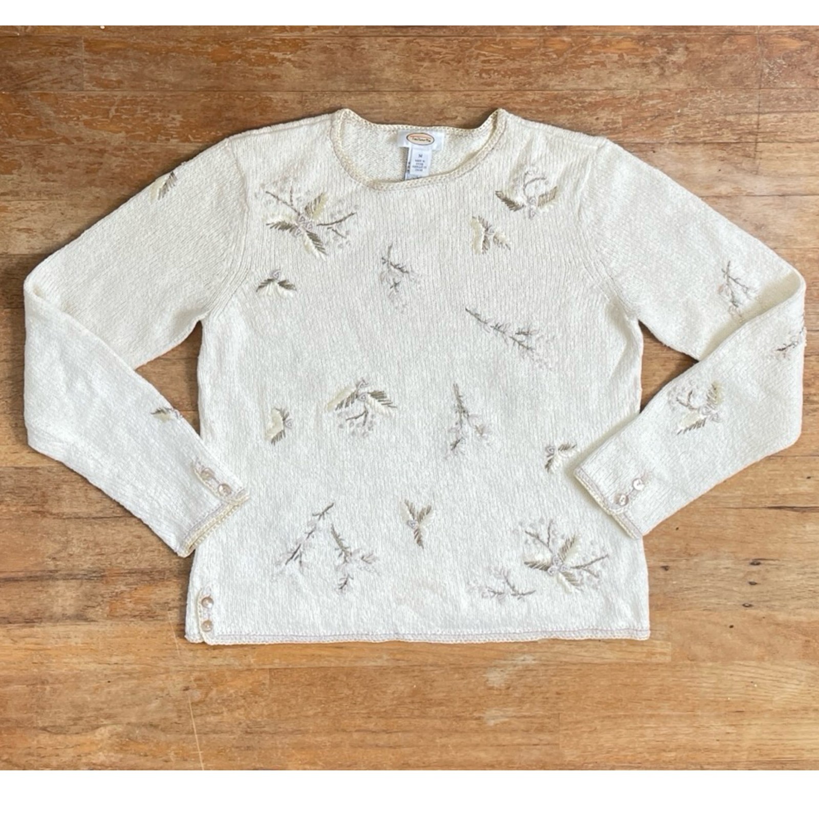 Vintage Floral Embroidered Sweater Size Medium 90s Cream Beaded Cotton/Ramie