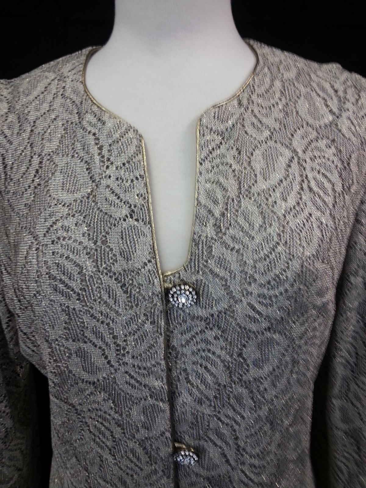 VTG 80s Karen Miller Jacket Top Formal Crochet Gray-Silver Metallic Gold Disco L