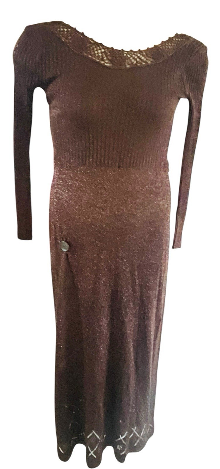 Vtg 70’s WENJILLI Bronze Metallic Slinky Knit Lurex Shimmer Maxi Dress 11 / 12