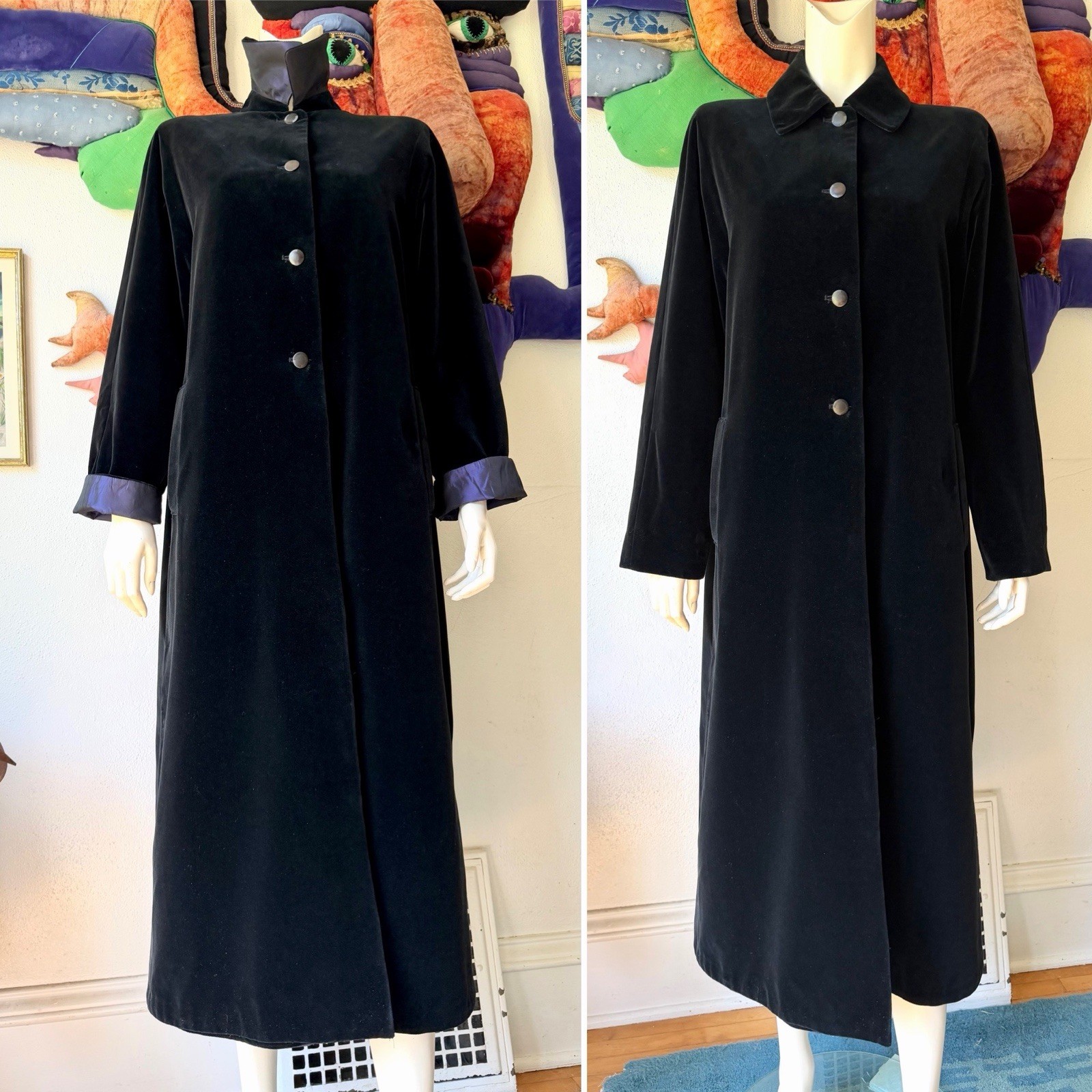 Vintage BLACK VELVET REVERSIBLE Drizzle Coat Purple Saks Fifth Ave Long Opera 10