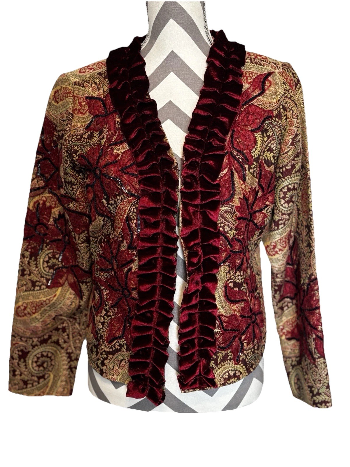 Vintage Womens Petite Med Alex Kim Suit Jacket Maroon Floral Ruffle Tapestry