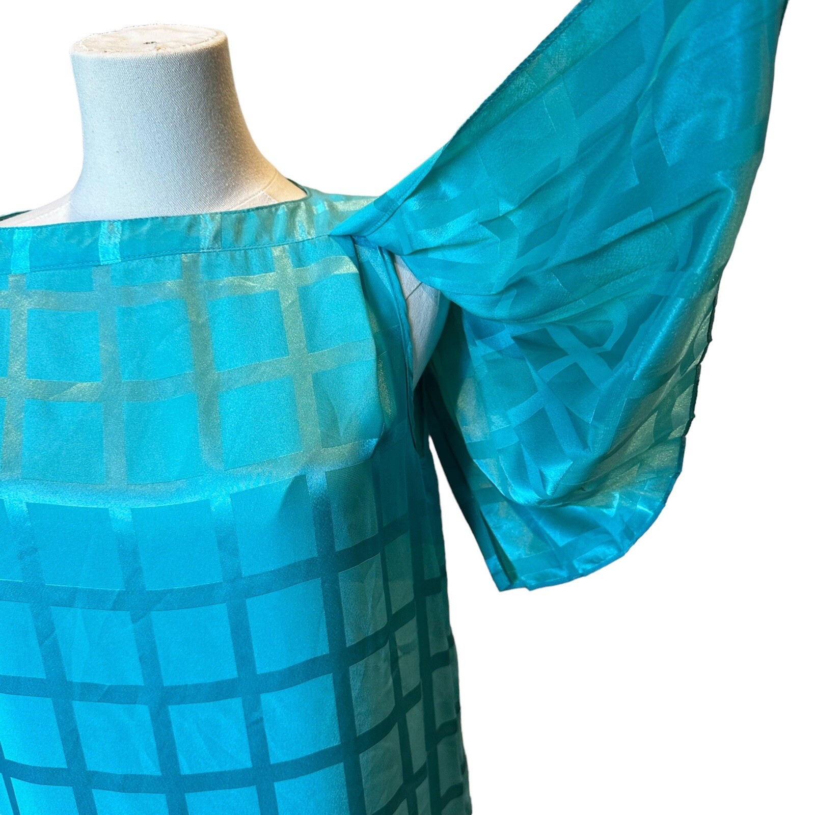 Vintage Teal Blue Windowpane Satin Midi Dress Pleated Flutter Sleeve Belted M