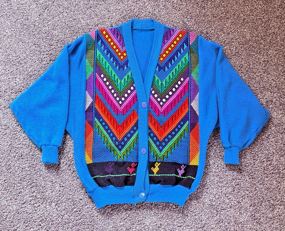 Vintage 80s Geometric Cardigan Sweater Blue Bold Retro Knit S/M