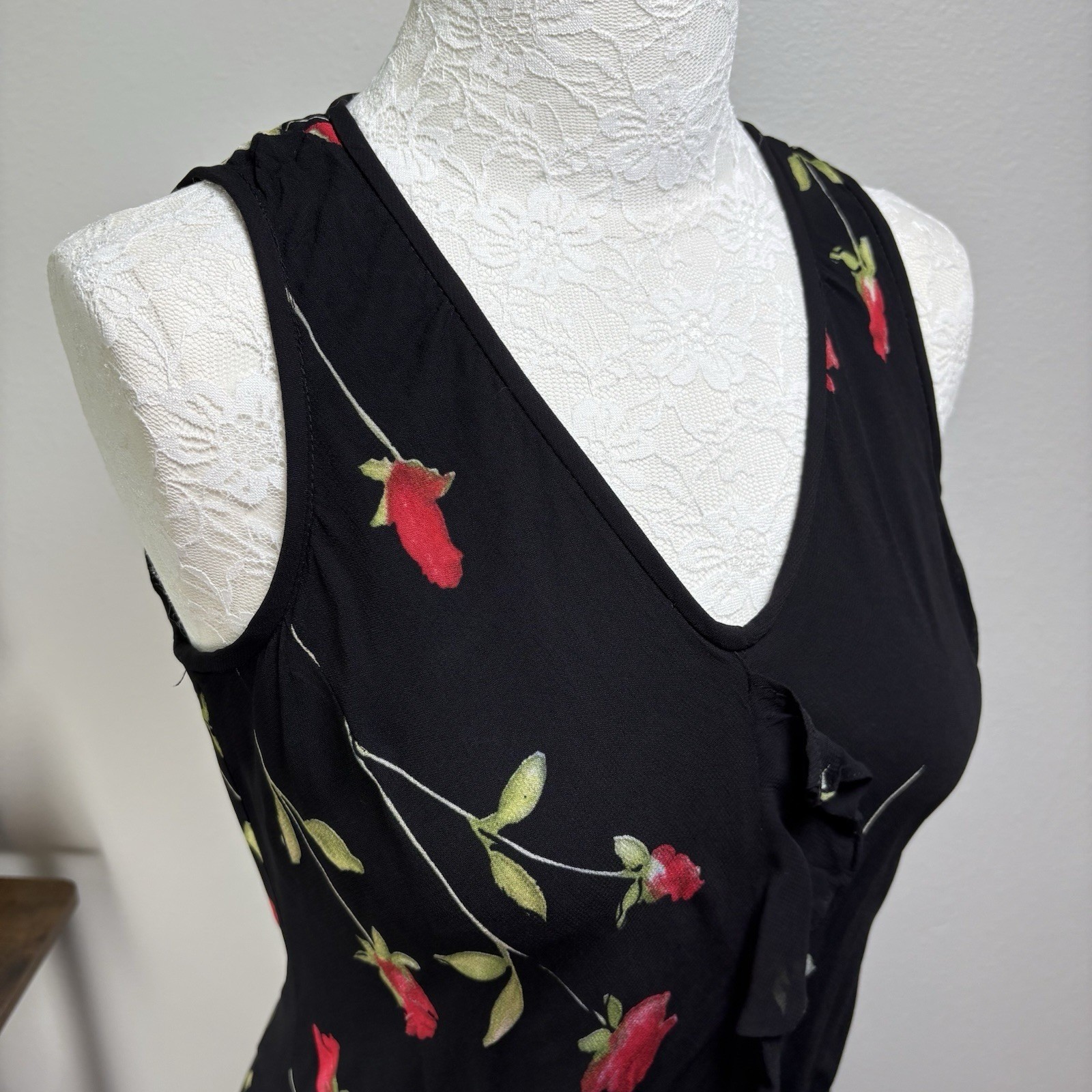Vintage Evan Picone Women 6 Black Rose Midi Dress 90s Grunge Ruffle REPAIRED