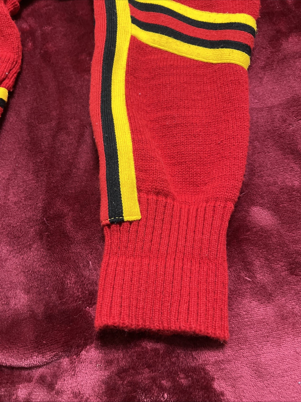 Vintage 80s Cheerleader Knit Sweater Red Black Gold Striped USA Made Medium