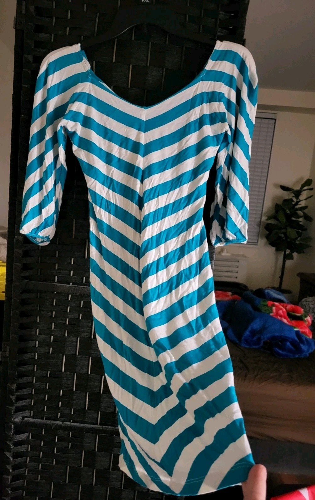 VTG 80s BEBE Stretch Tube Dress XS Turquoise White V-Stripe NWOT + FREE SHIPPING