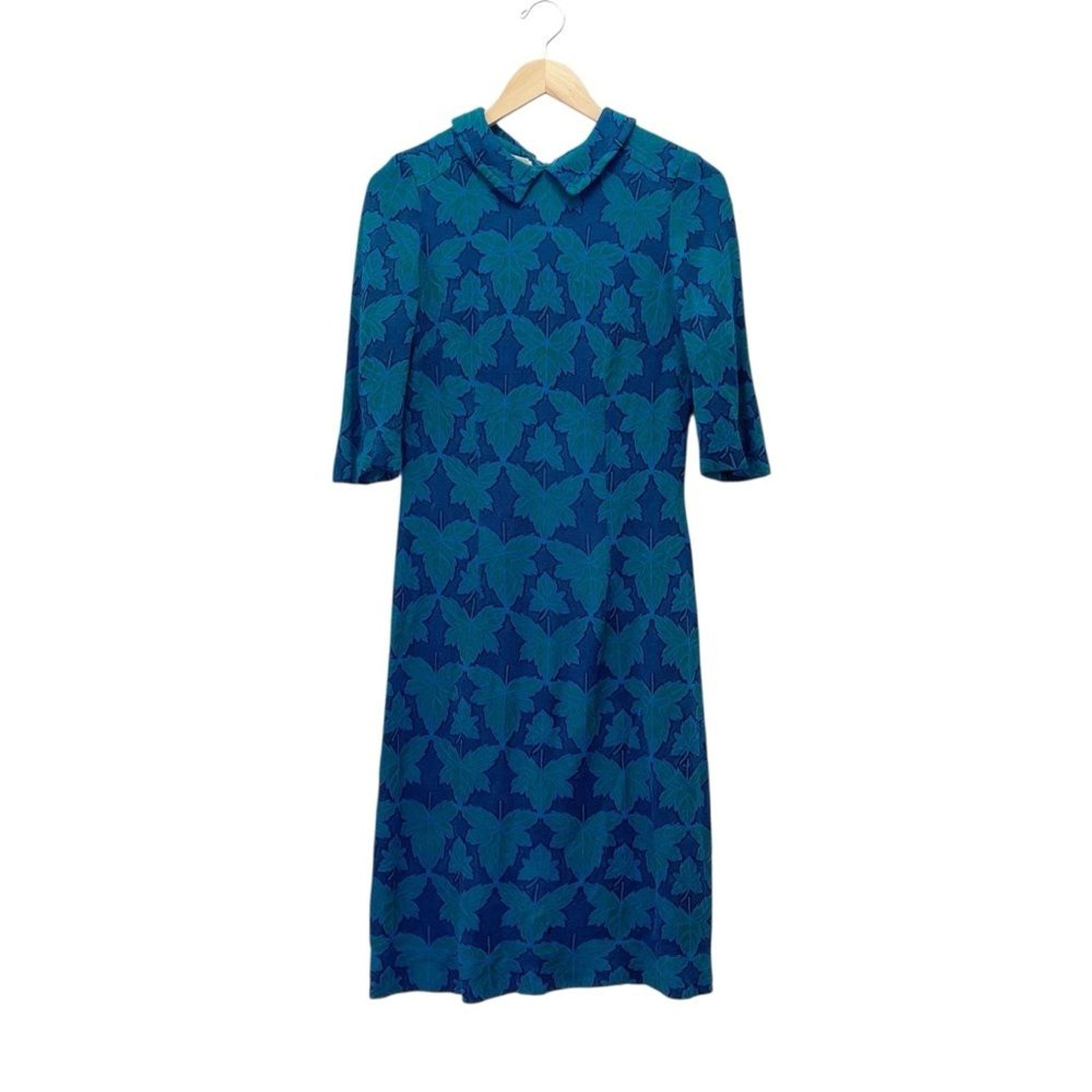 Vintage 1960s Jean Lang Original Blue Green Jacquard Leaf Print Dress Mod A-Line