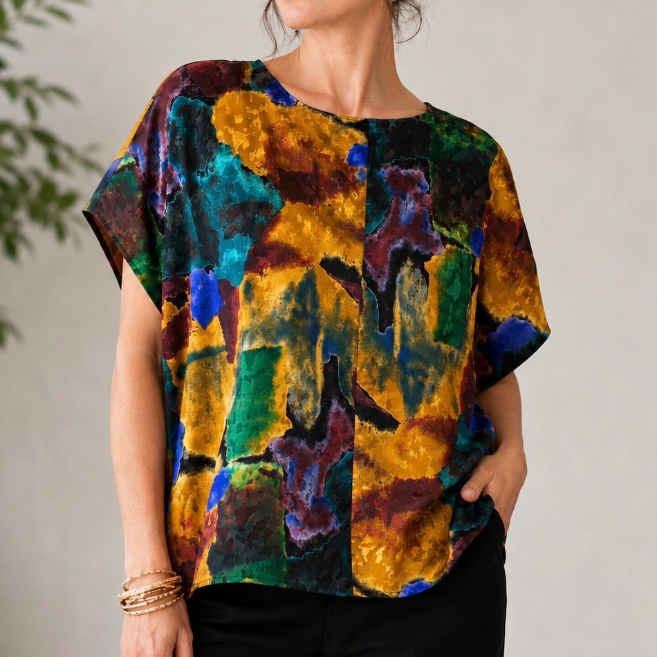Vintage Cindy Collins Abstract Art Print Blouse Top USA Made Large Colorful 90s