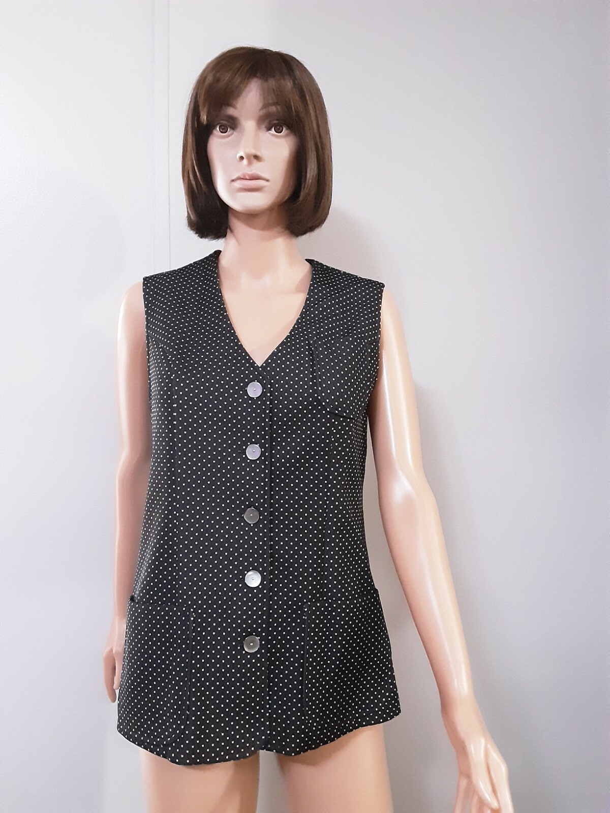Russ 🌞024 Vest Blouse Top Black/White Polka-dot Preowned Button Front Closure