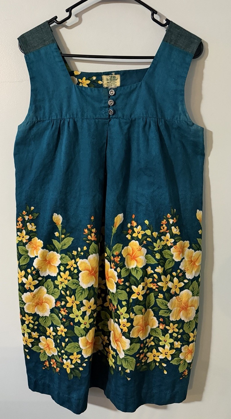 Vintage Ui-Maikai Hawaiian Island Teal Sleeveless Mumu Dress Size Medium Cotton