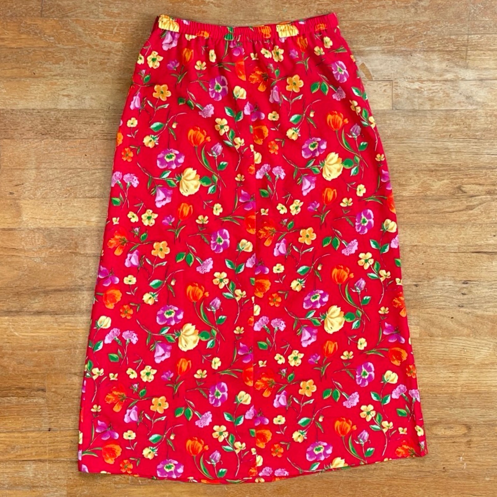 Vintage Floral Print Skirt Size Medium/Large 30-32″ Waist 1990s Red Maxi A-Line