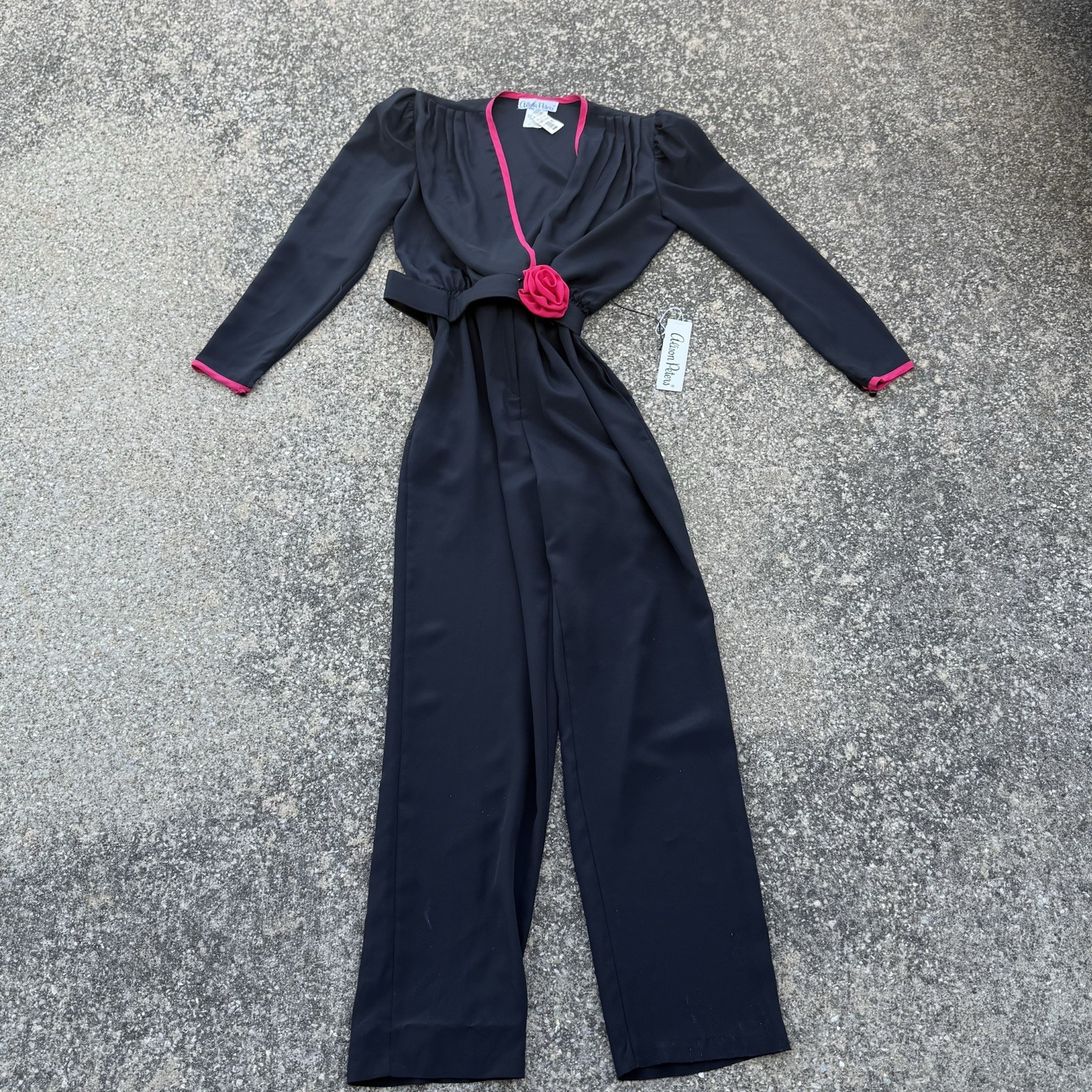 Vintage NOS Alison Peters Jumpsuit Womans Size 10 Black & Pink Belted 1970’s USA