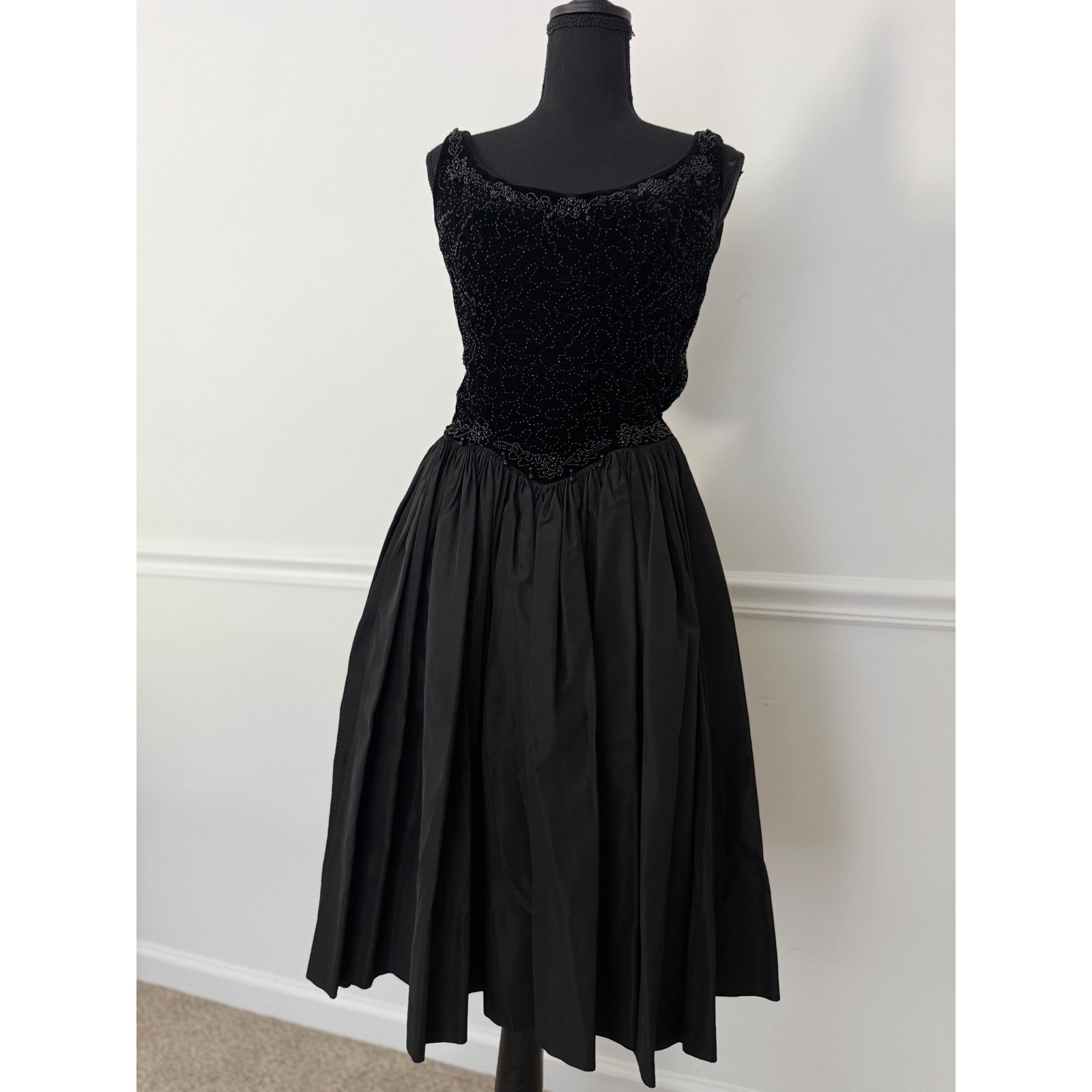 Gothic glam Black Velvet taffeta Midi Dress Whimsigoth Beaded Basque waist XS/S