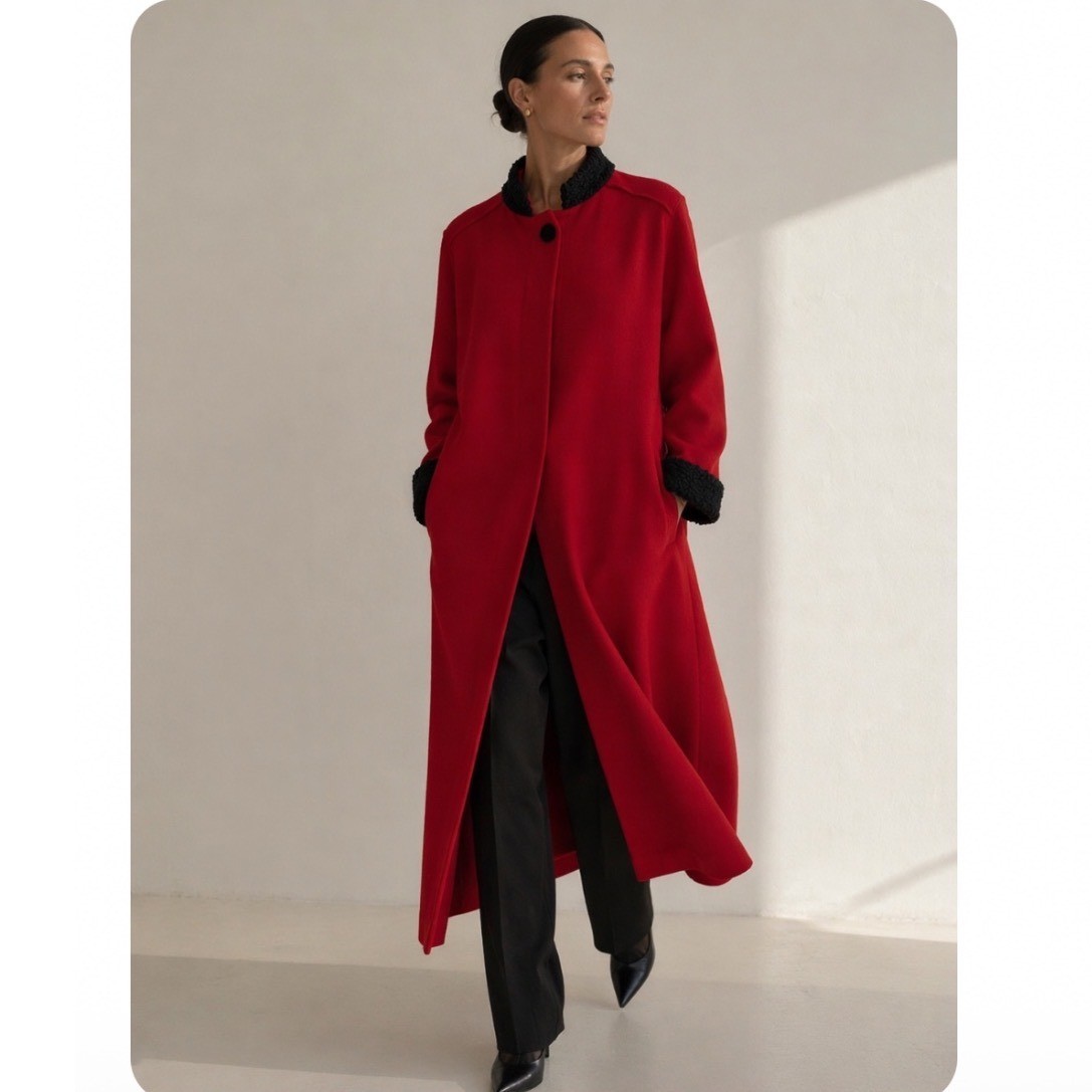 VINTAGE 80s Paul Levy Designs Wool Coat Women XL Red Faux Fur Trim Long Elegant