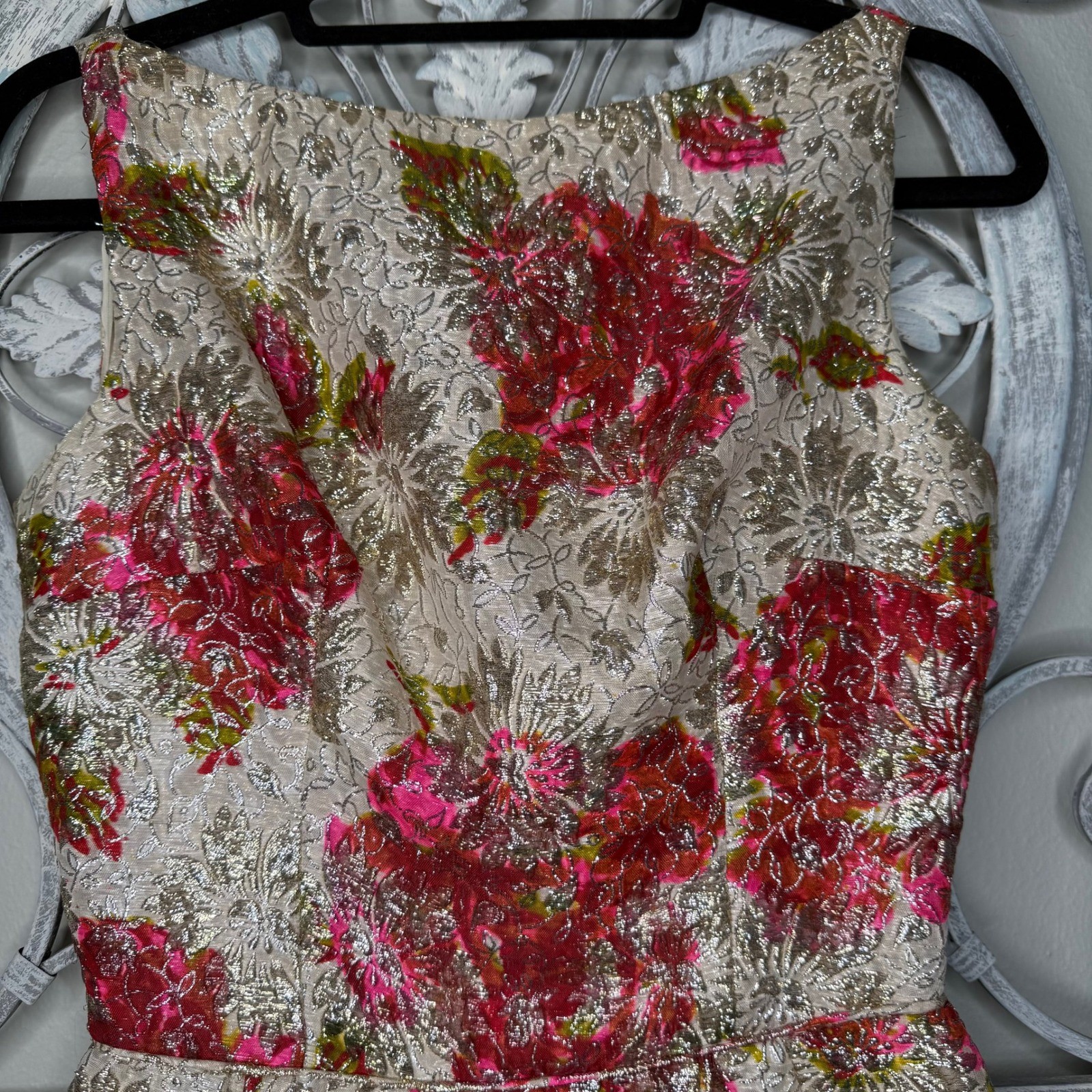 Jay Herbert California Vintage 1950s Gold Brocade Pink Floral Cocktail Dress XS