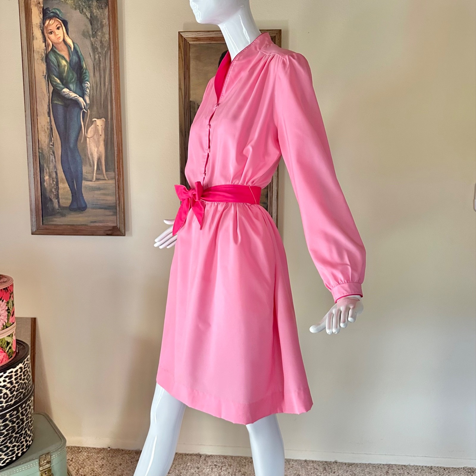 Vintage 1970s Bubblegum Pink Color Block Secretary Day Dress SATC Disco L