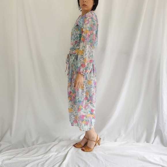 70s/80s Blue, Pink, and Orange Floral Midi Dress