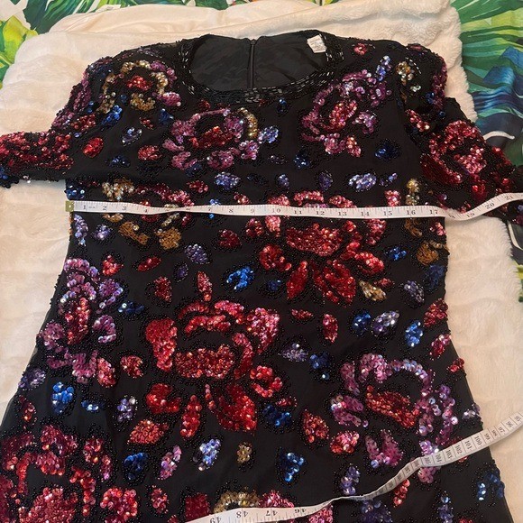 Vintage 80s Womens Party S 100% Silk Black Red Pink Floral Beaded Sequin Blouse