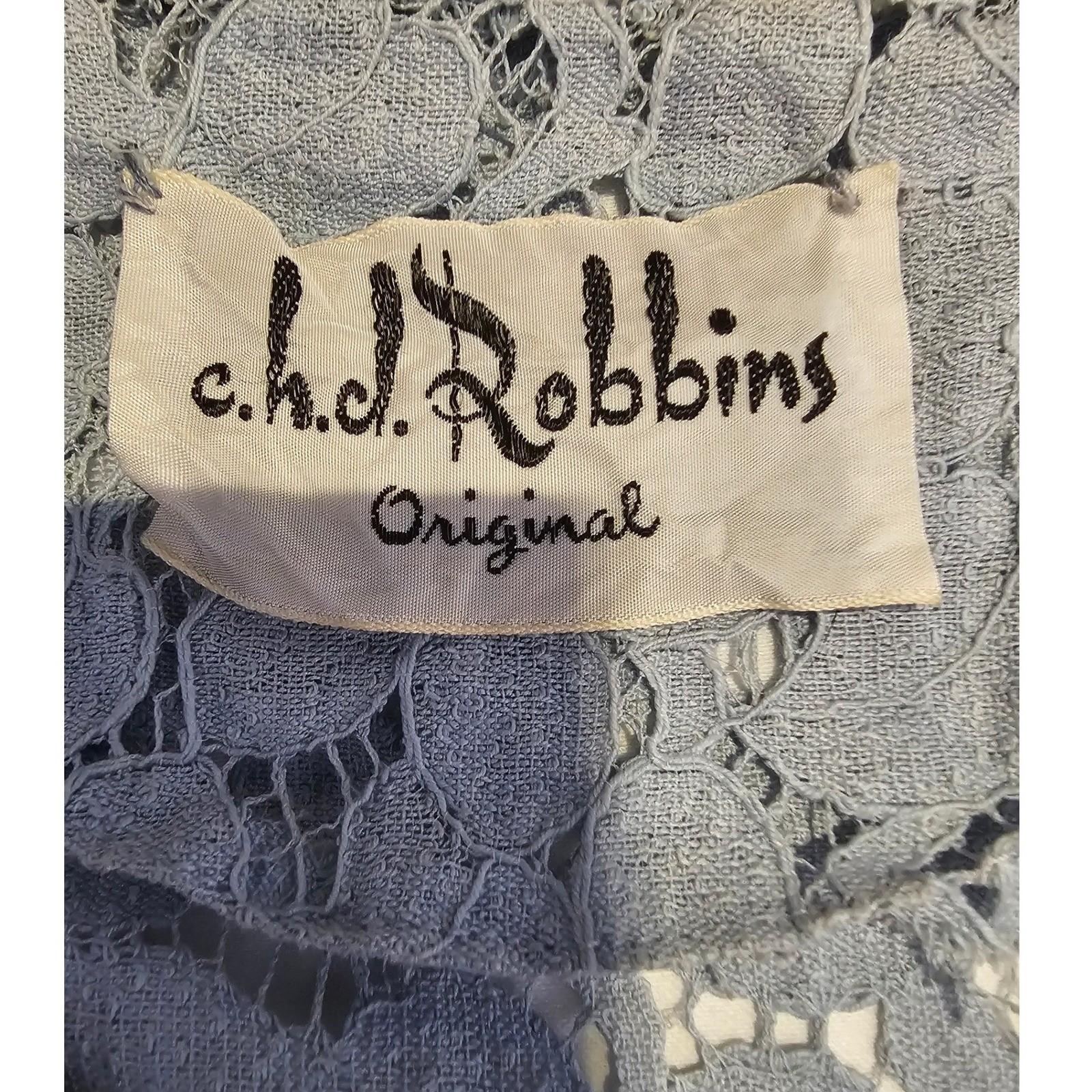 Vintage 40s C.H.D. Robbins Original Blue Floral Lace Dress V-Neck Mid-Mod XSm/Sm
