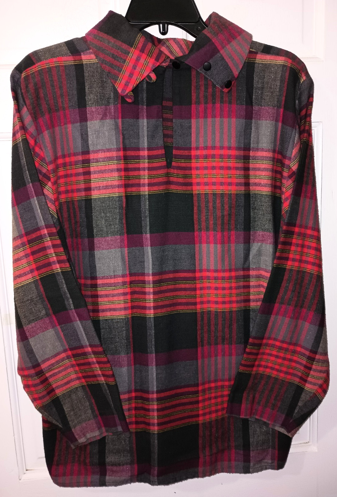 Vtg 80s Barboglio Cristina Jan Rustic Red Plaid Flannel High Collar Pullover Top