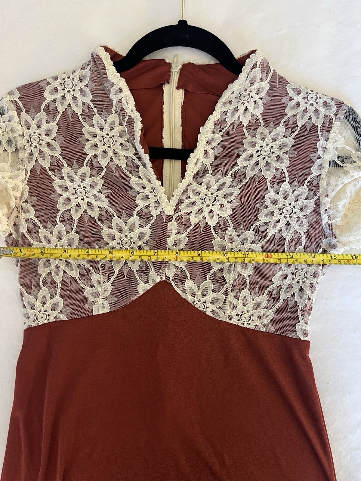 Handmade Vintage Dress 70s Cream Lace Rust Burgundy Gown Maxi Long Sleeve S/M