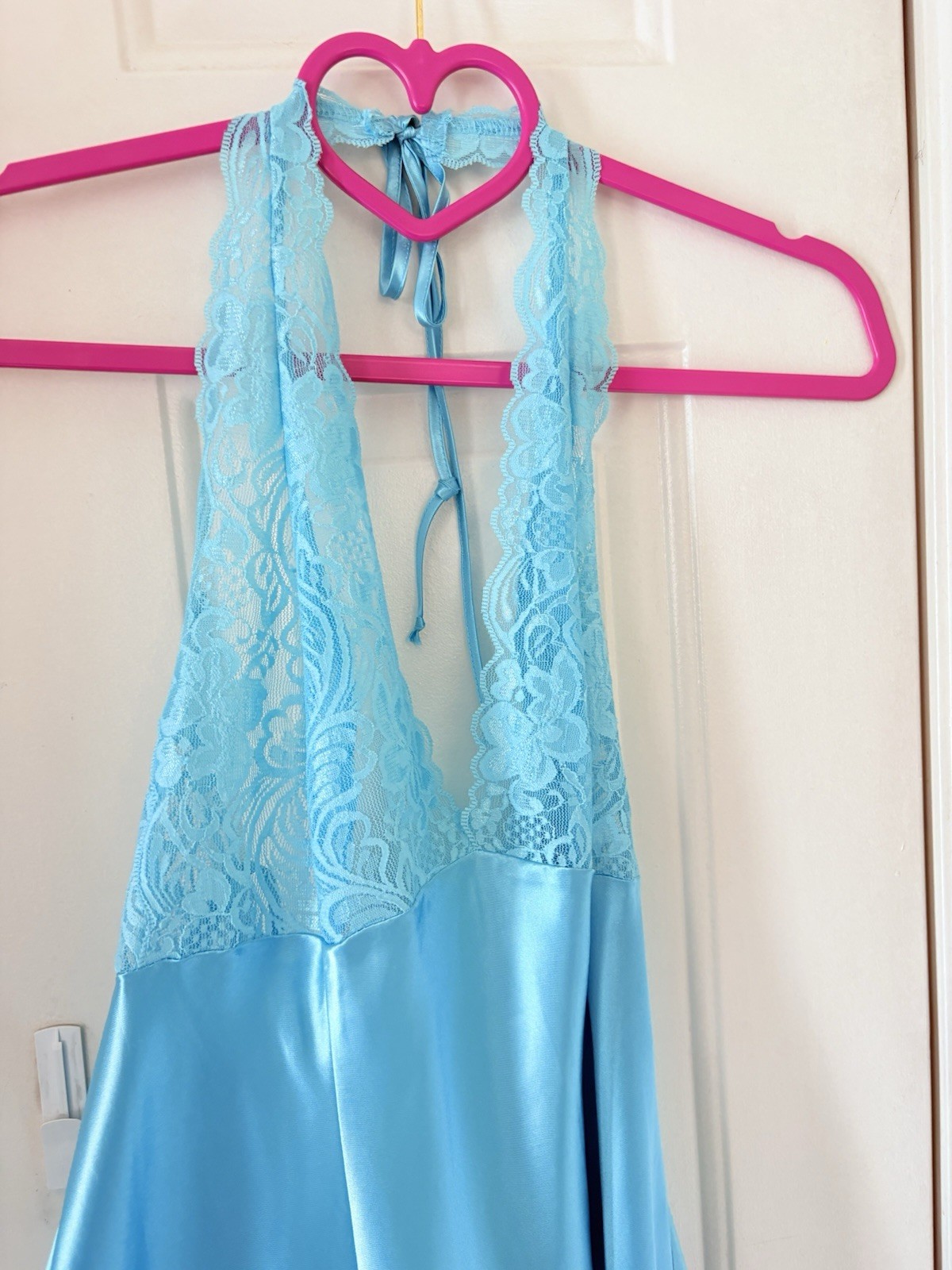 VTG Frederick’s of Hollywood Blue Satin Lace Dress Lingerie Size L Sexy Backless