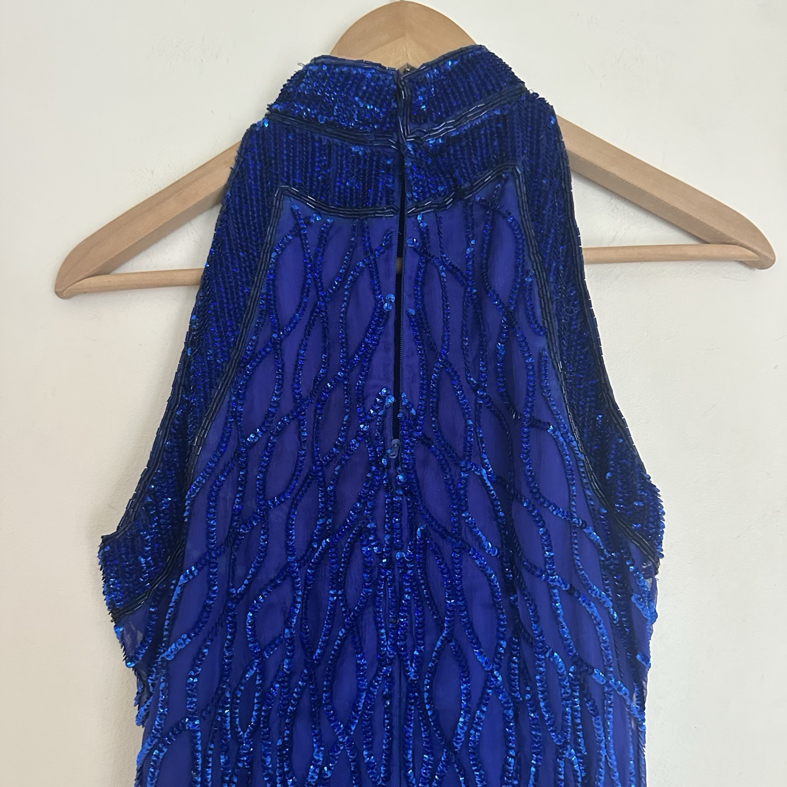 Vintage LAURENCE KAZAR Royal Blue BEADED Sequin Silk HALTER GOWN Long Formal M