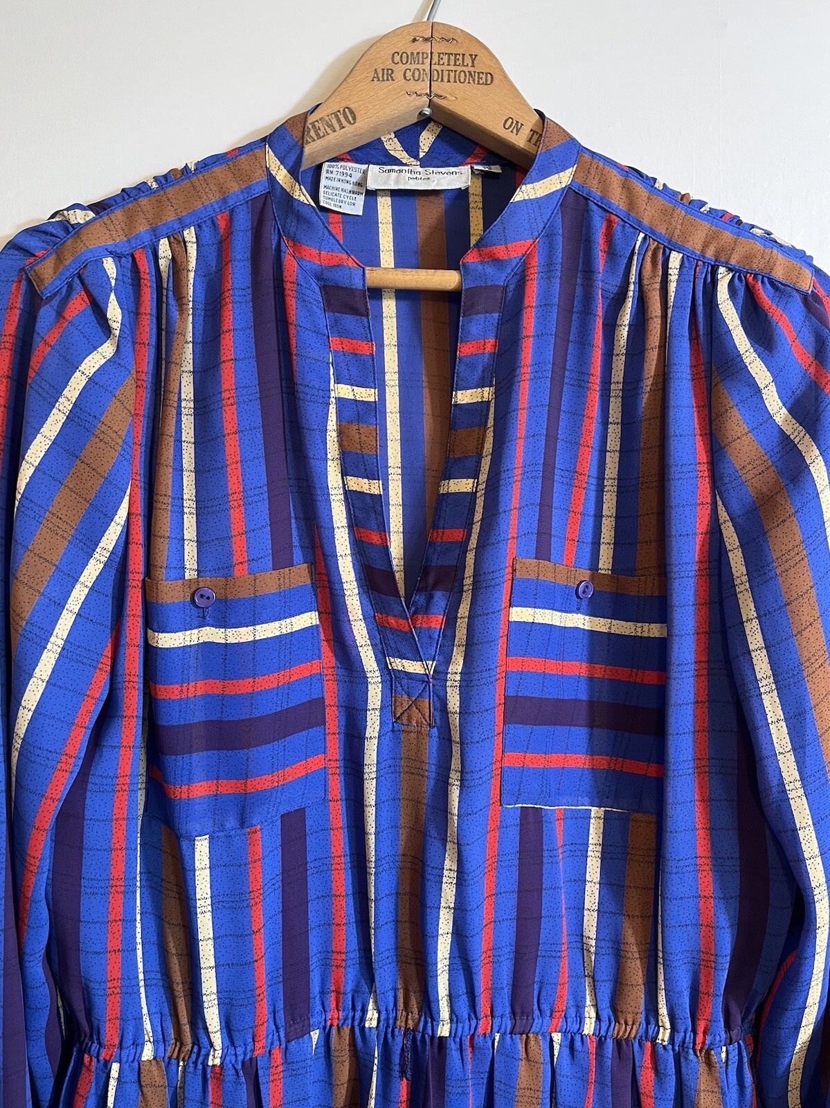 Vintage 1980s Samantha Stevens Petites Dress 10 / M Blue Striped Long Sleeves