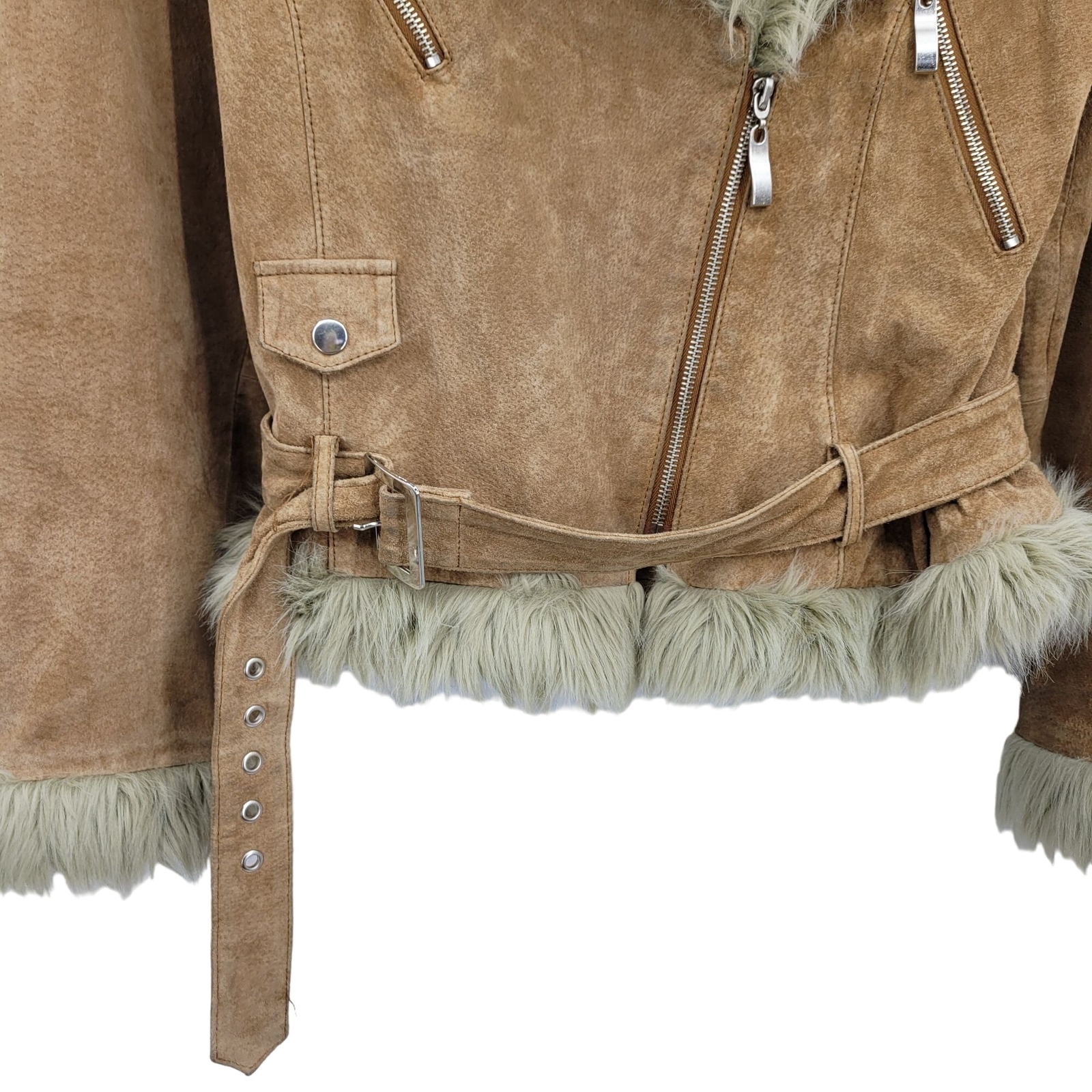 Vintage 80’s Wilson’s Leather Jacket Tan L Belted Faux Fur Trim Snow Bunny